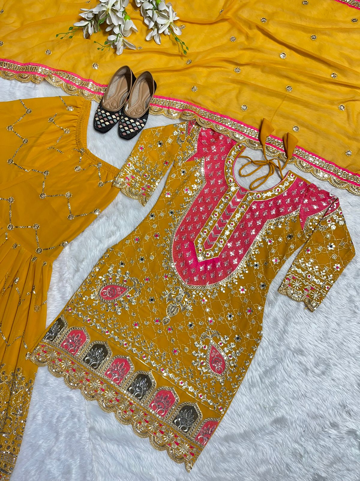 Fantastic Mustard Color Heavy Work Sharara Suit