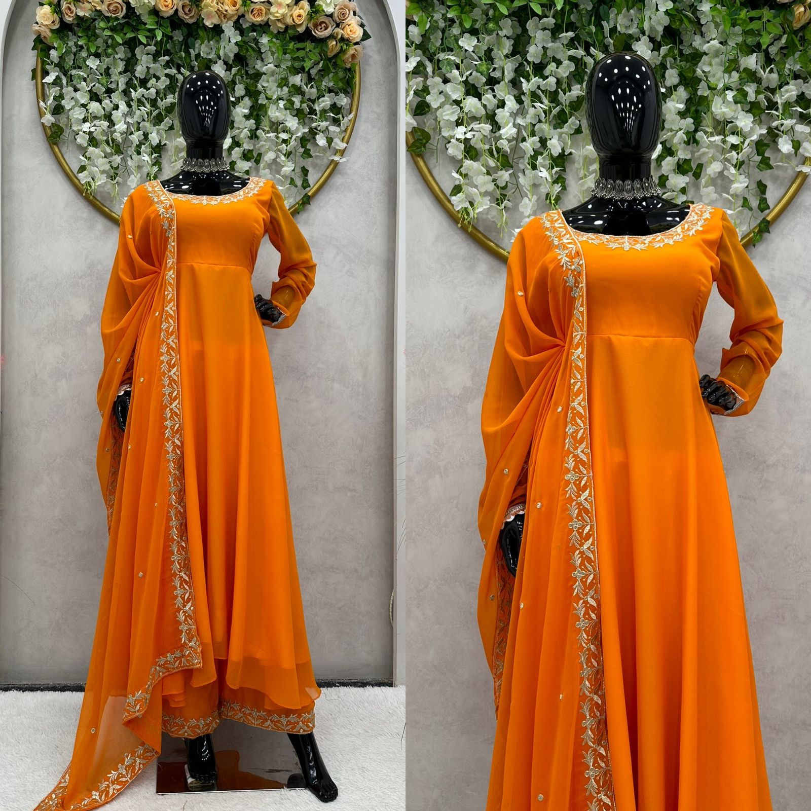 Trendy Orange Color Embroidery Work Anarkali Gown