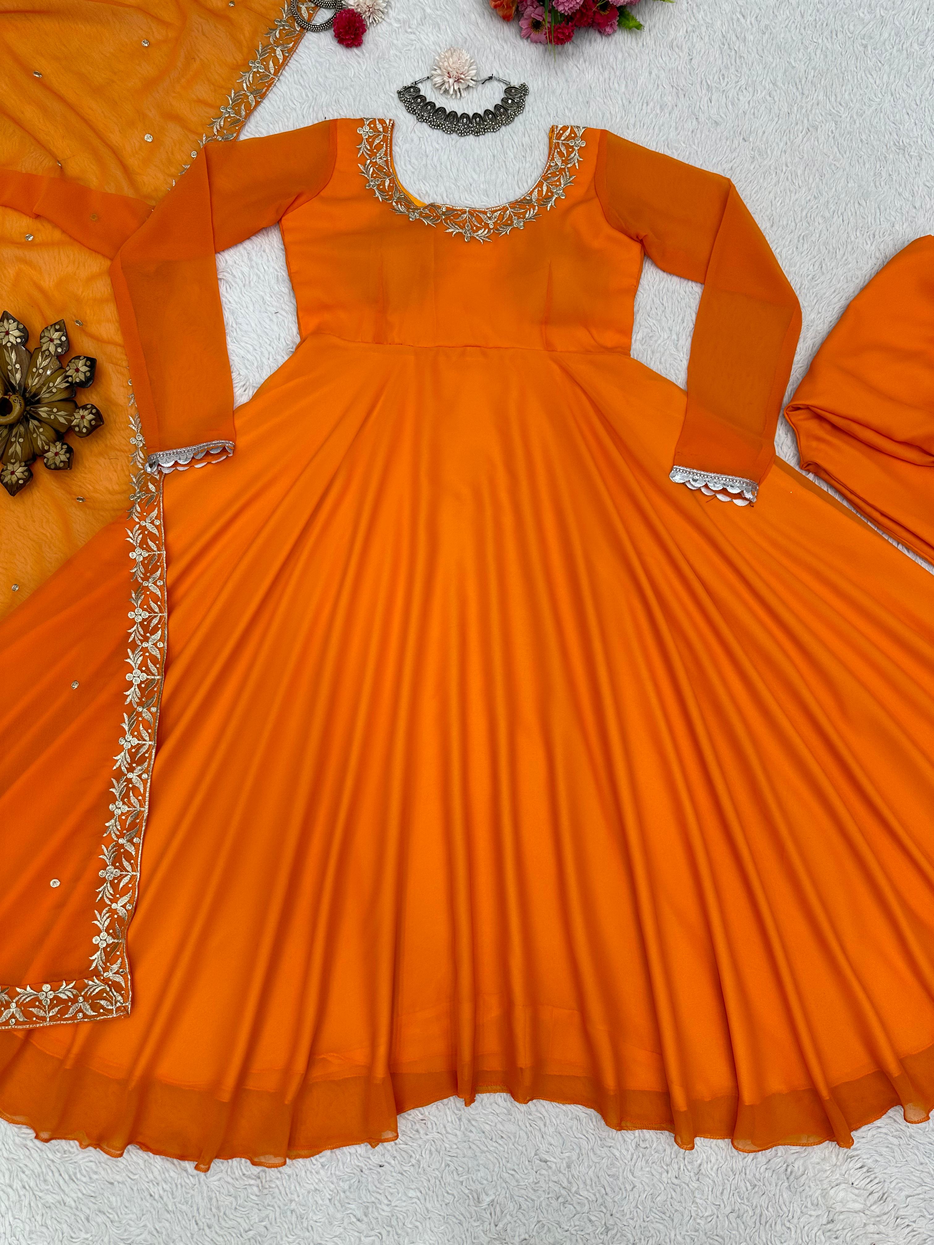 Trendy Orange Color Embroidery Work Anarkali Gown