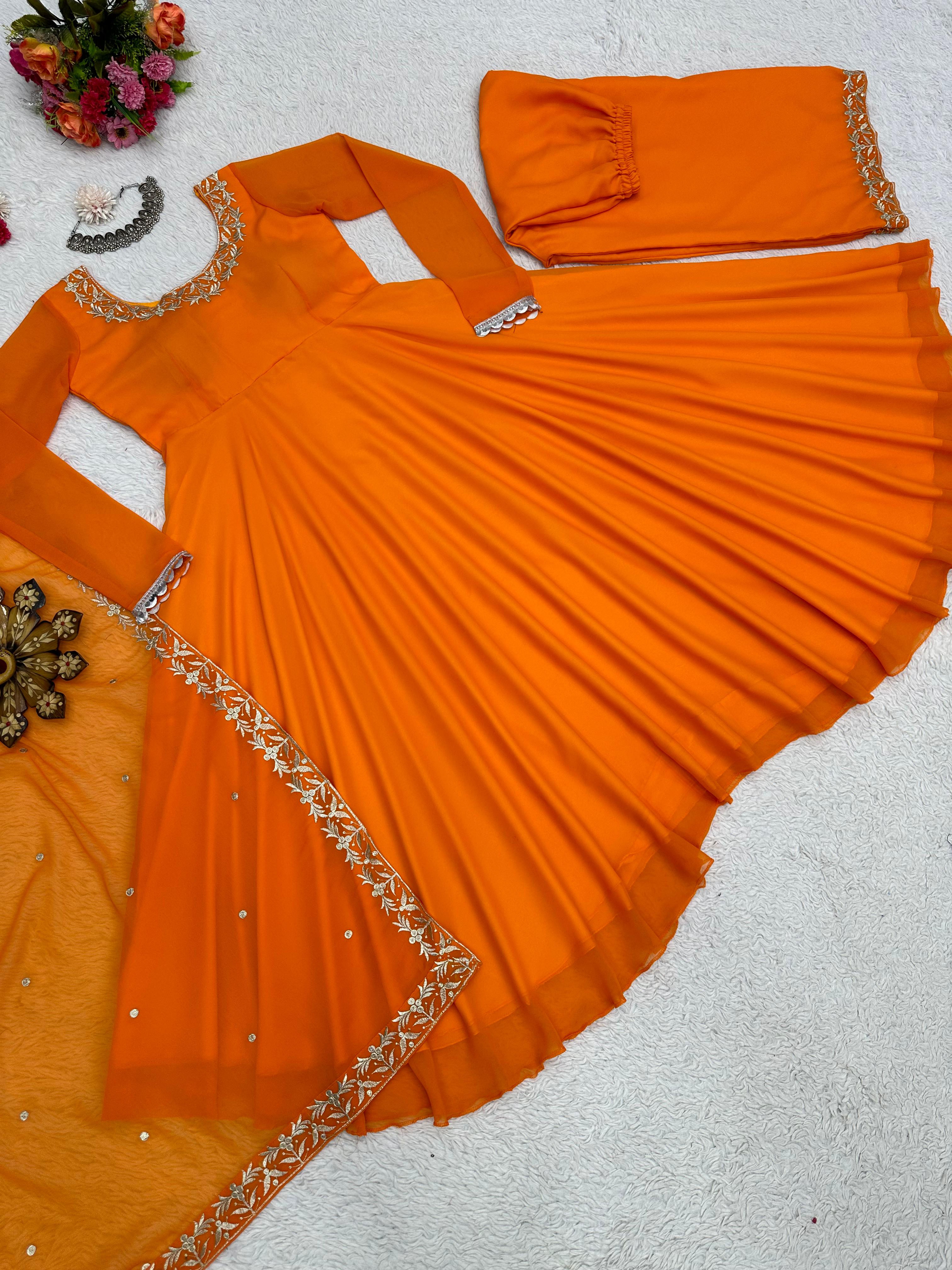 Trendy Orange Color Embroidery Work Anarkali Gown