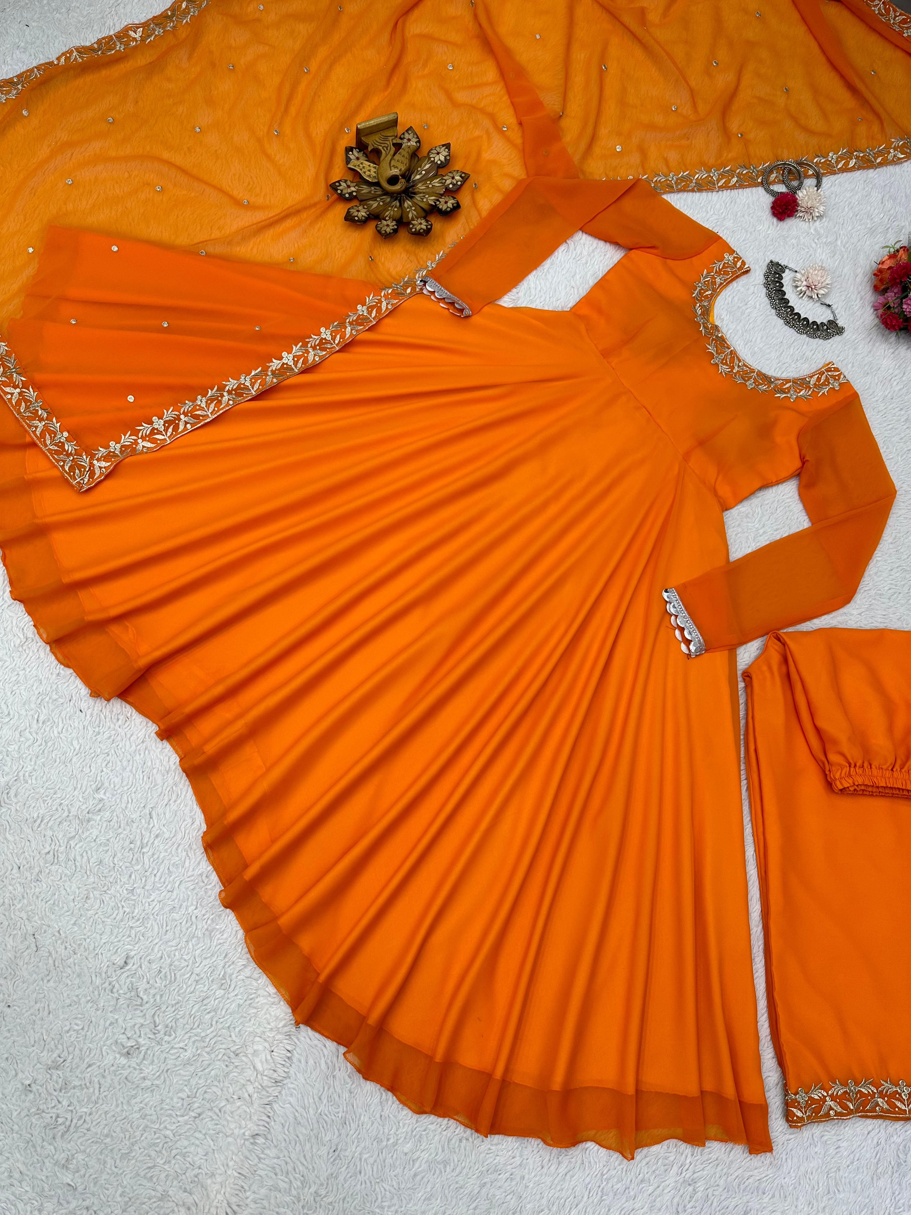 Trendy Orange Color Embroidery Work Anarkali Gown