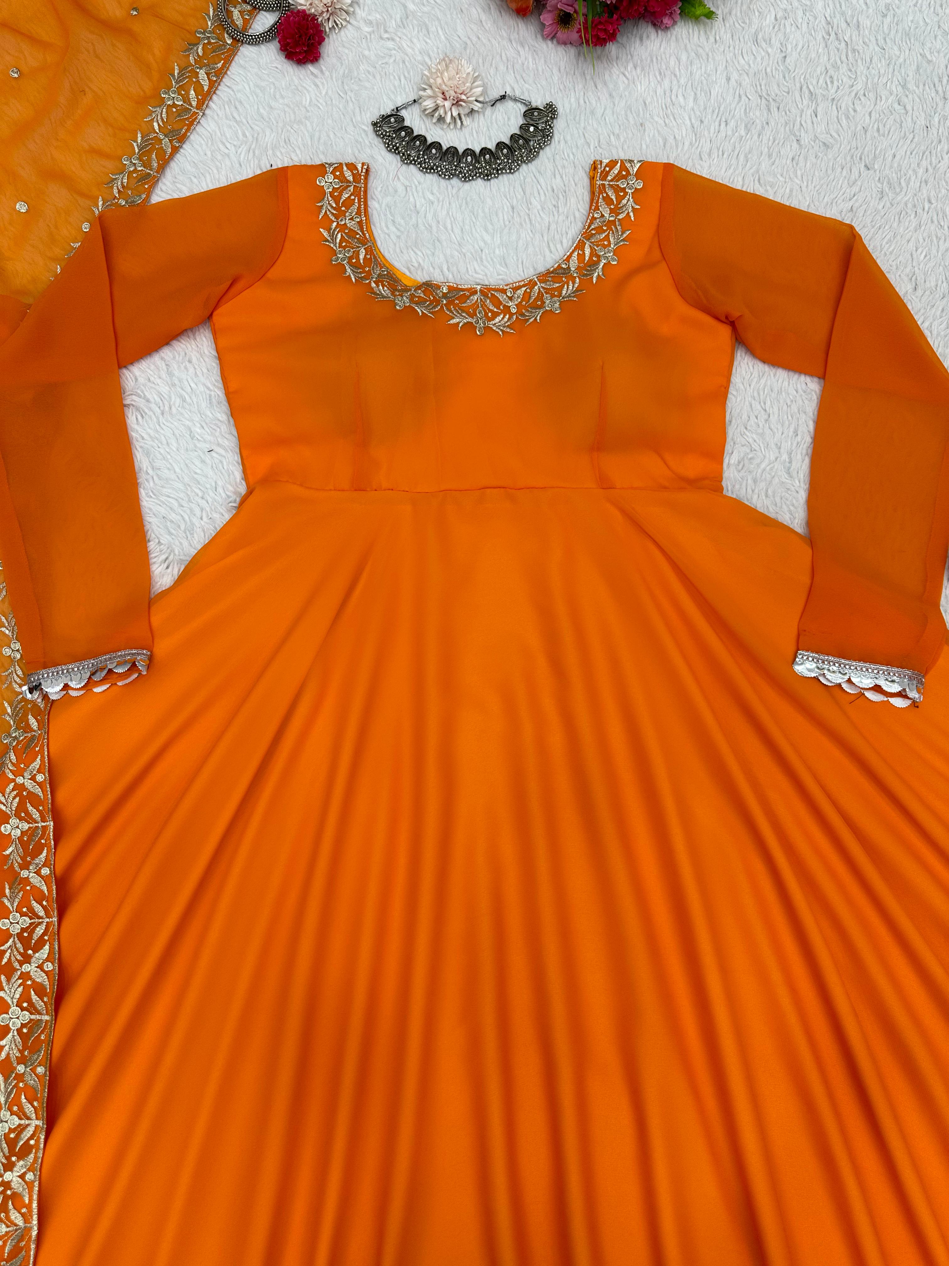 Trendy Orange Color Embroidery Work Anarkali Gown