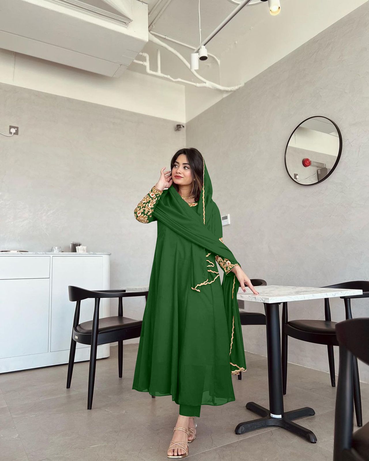 Wonderful Sleeve Work Green Color Anarkali Suit