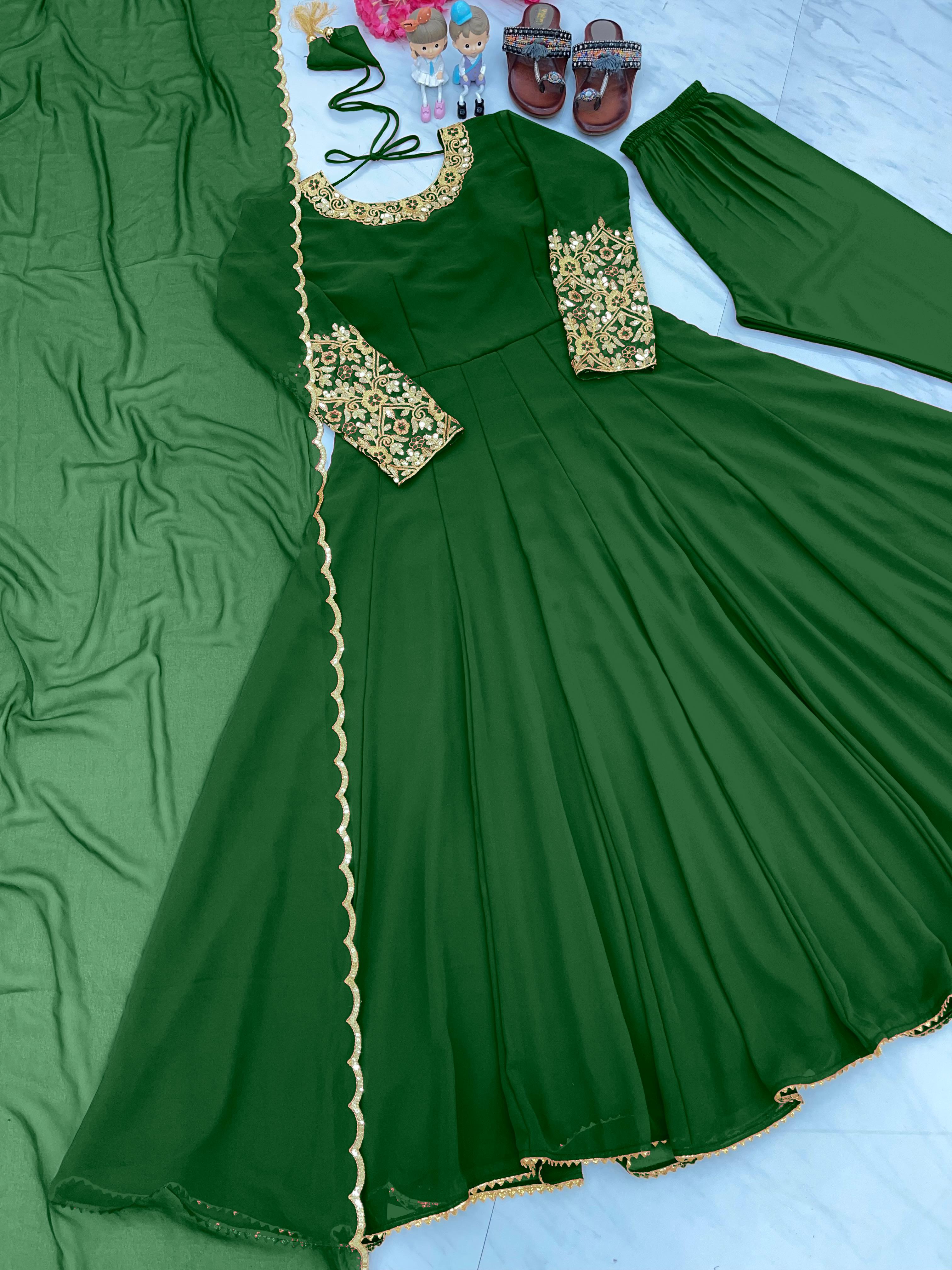 Wonderful Sleeve Work Green Color Anarkali Suit