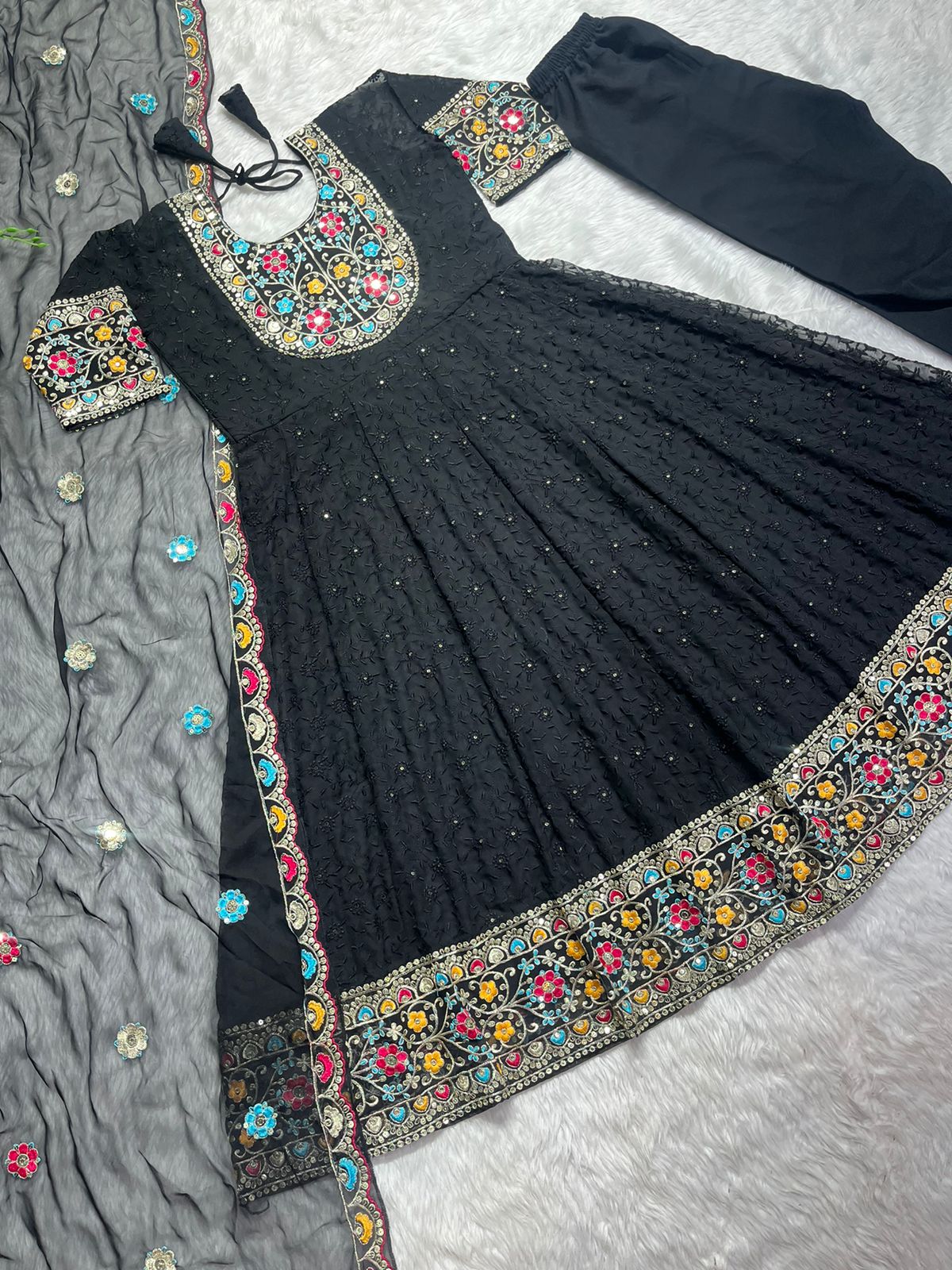 Opulent Black Color Multi Embroidery Work Anarkali Gown