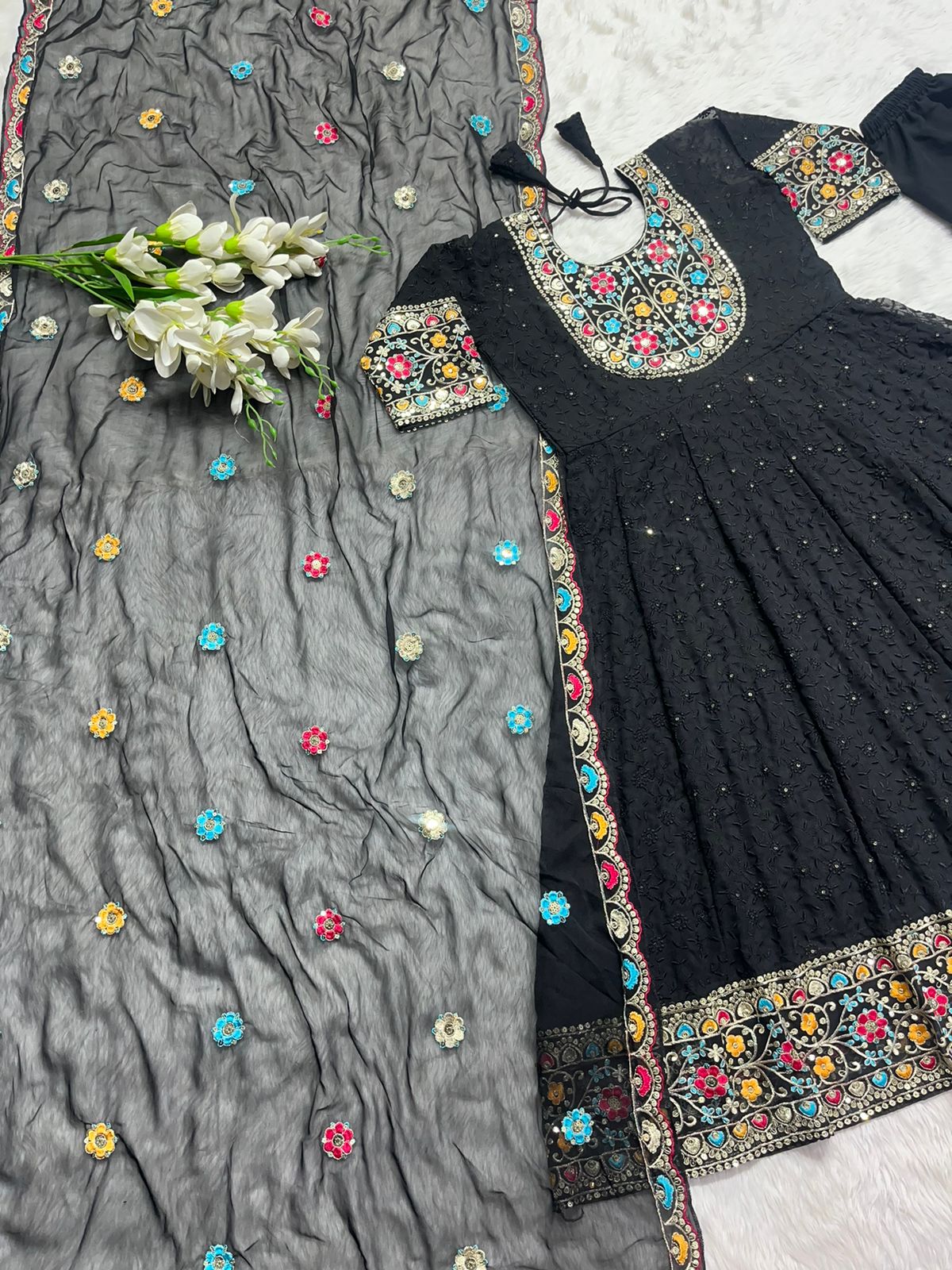Opulent Black Color Multi Embroidery Work Anarkali Gown