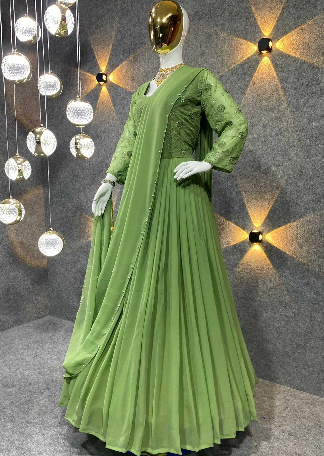 Mesmerizing Sequence Work Green Color Long Gown