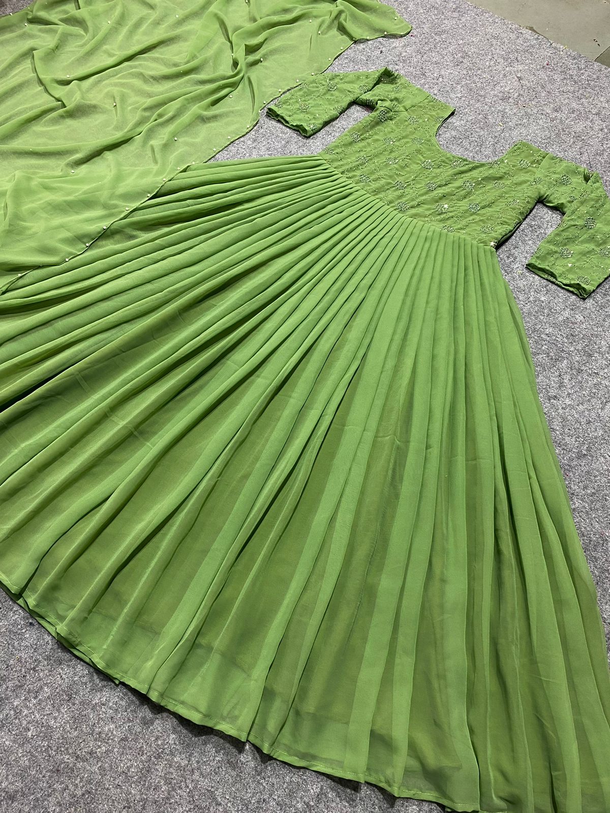 Mesmerizing Sequence Work Green Color Long Gown