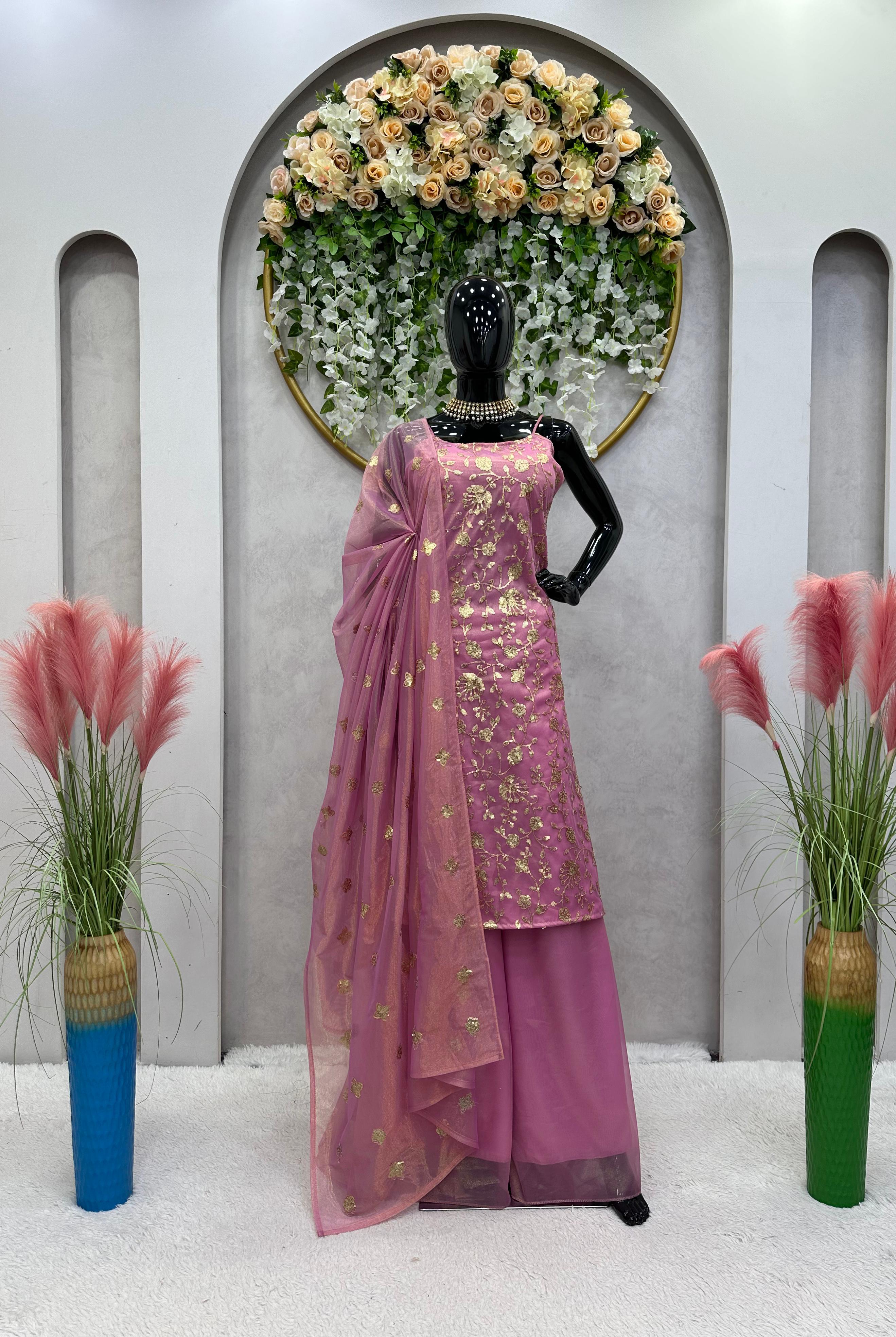 Glimmering Dusty Pink Embroidered Work Sharara Suit