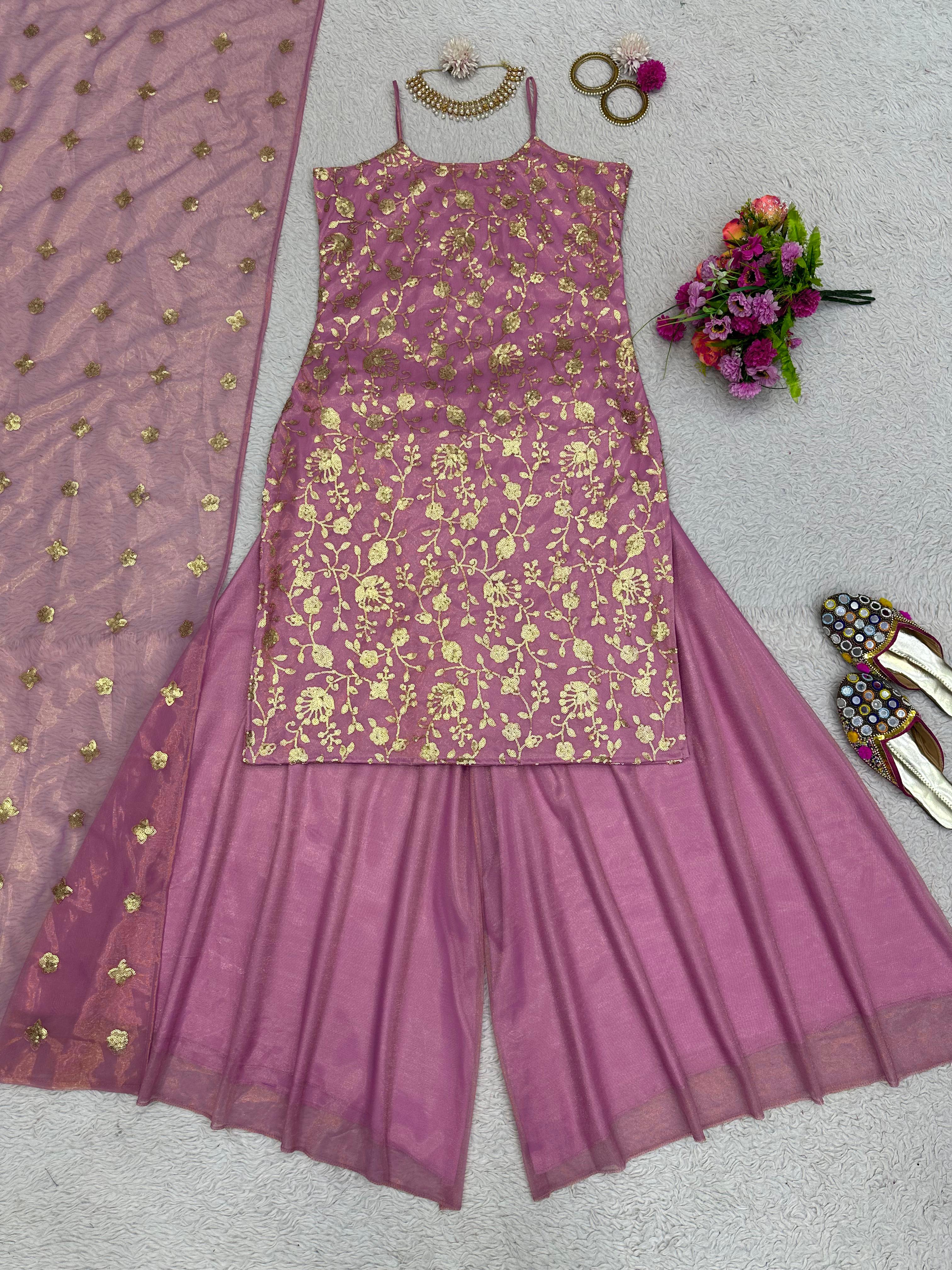 Glimmering Dusty Pink Embroidered Work Sharara Suit
