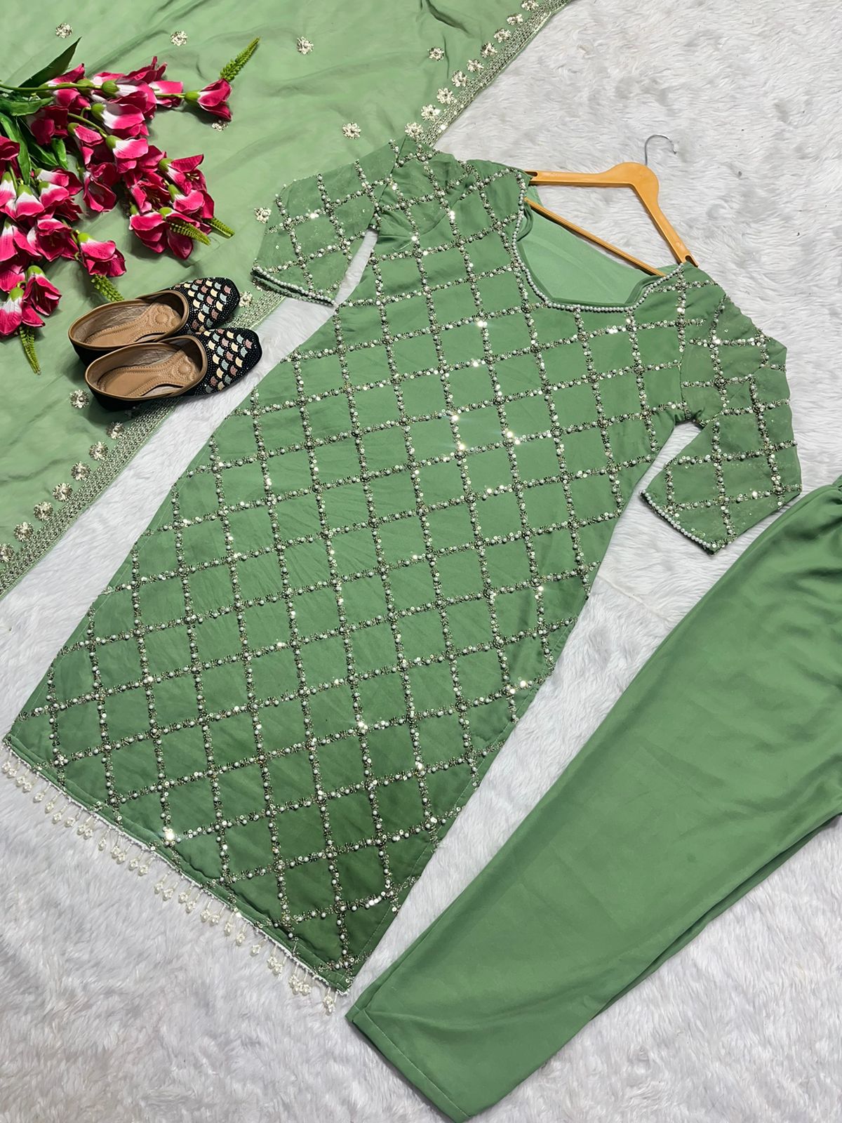 Innovative Work Pista Green Salwar Suit With Dupatta