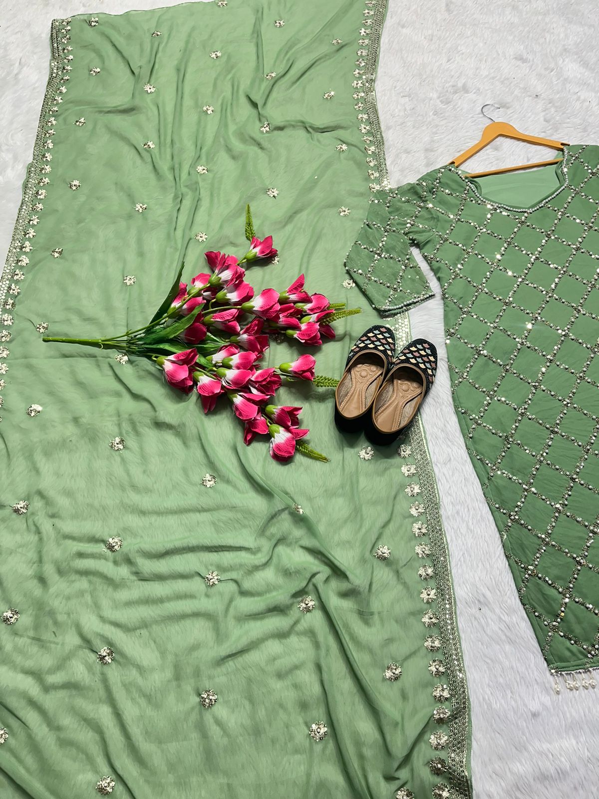 Innovative Work Pista Green Salwar Suit With Dupatta