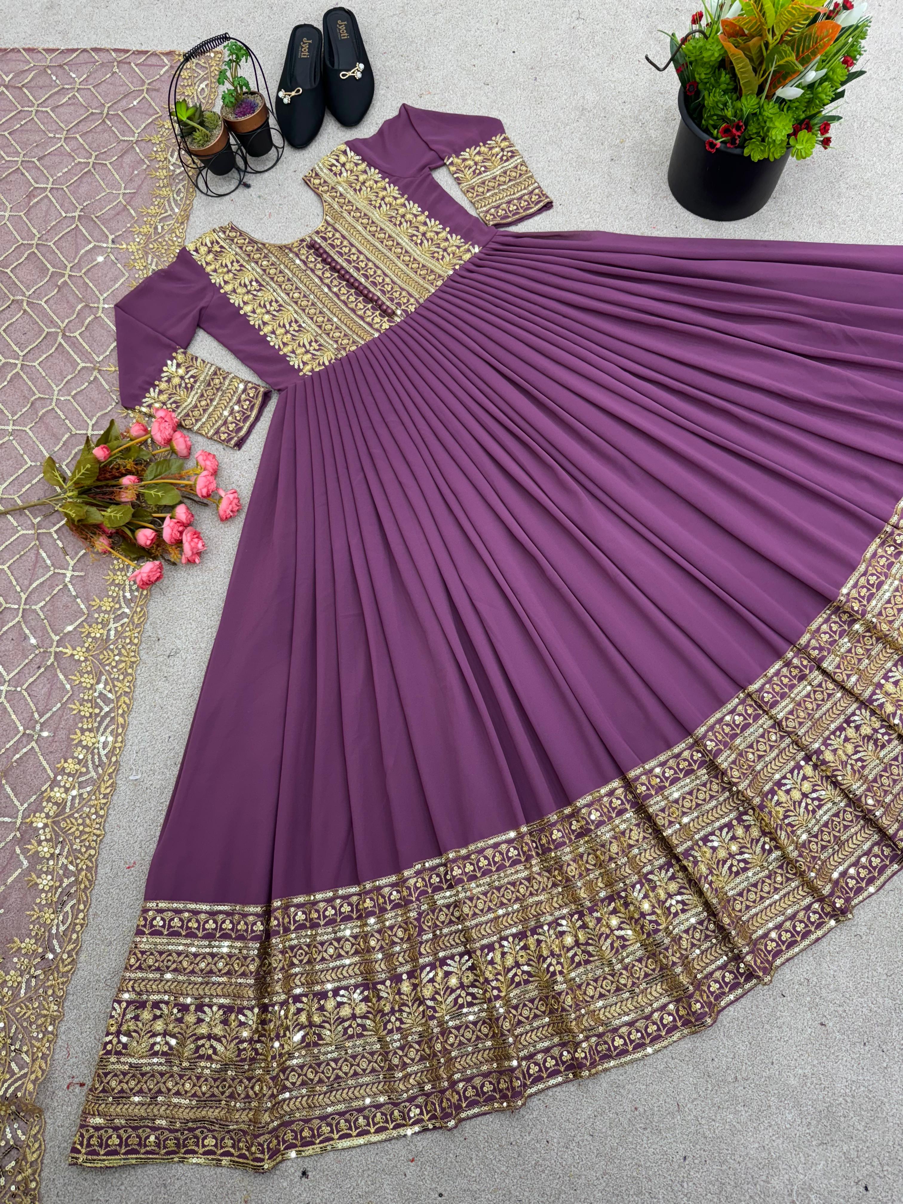 Fabulous Purple Color Embroidery Work Gown