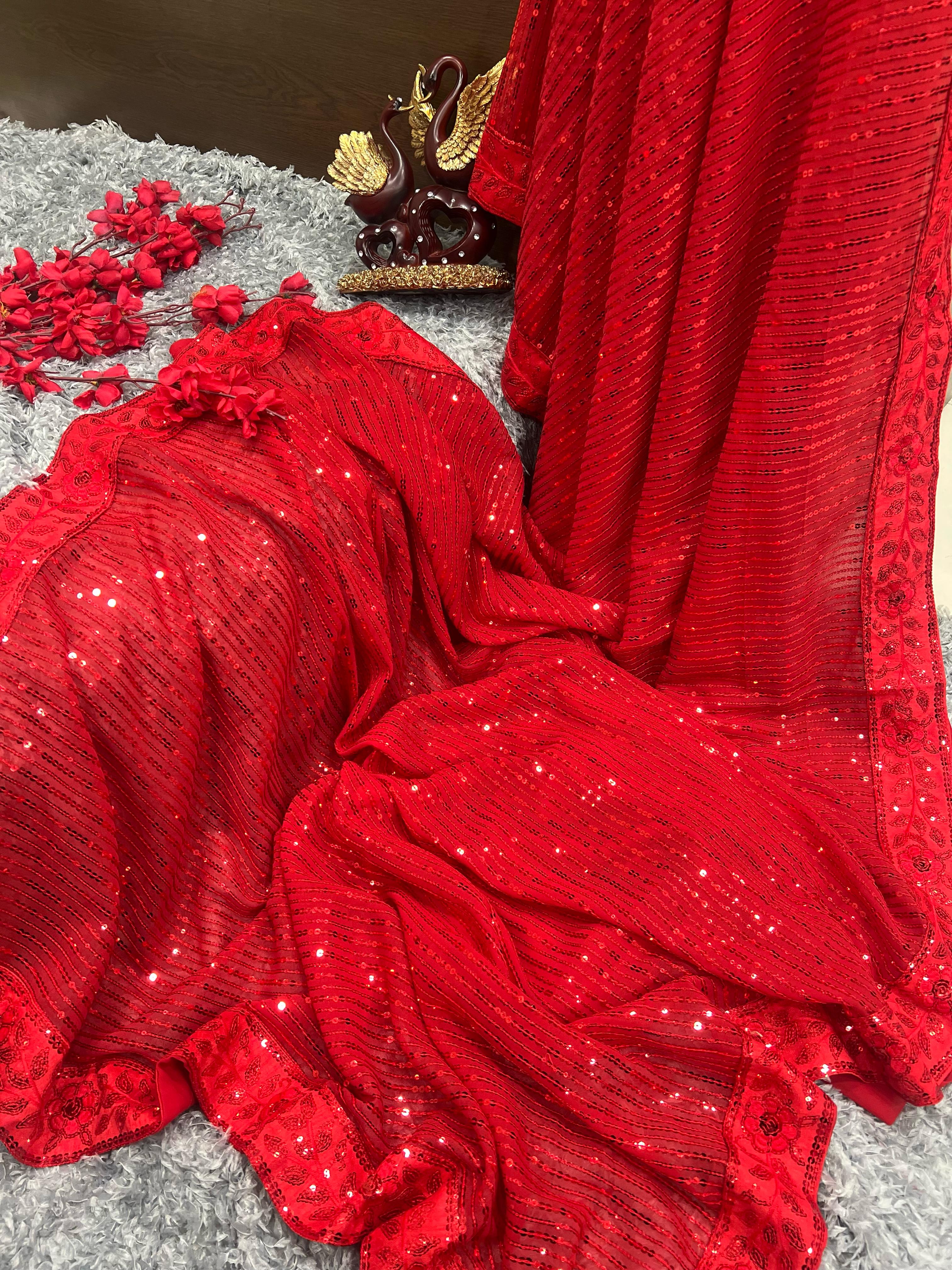 Delightful Red Color Sequence Saree