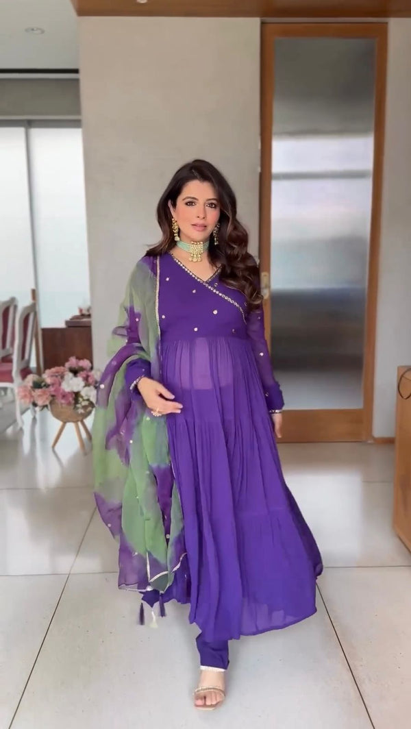 Ruffle Style Purple Anarkali Gown With Digital Print Dupatta