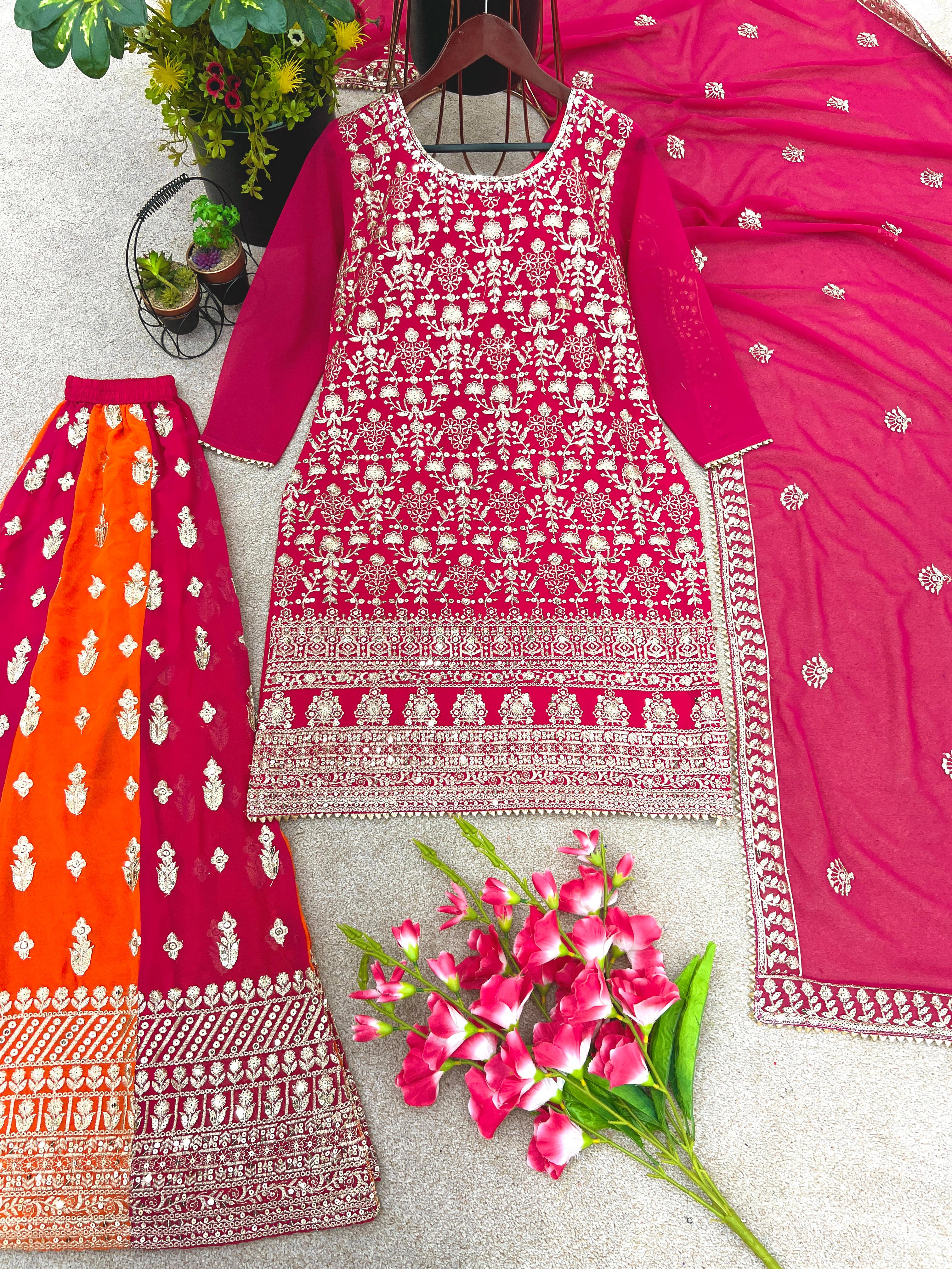 Exclusive Pink Color Sequence Embroidery Work Sharara Suit