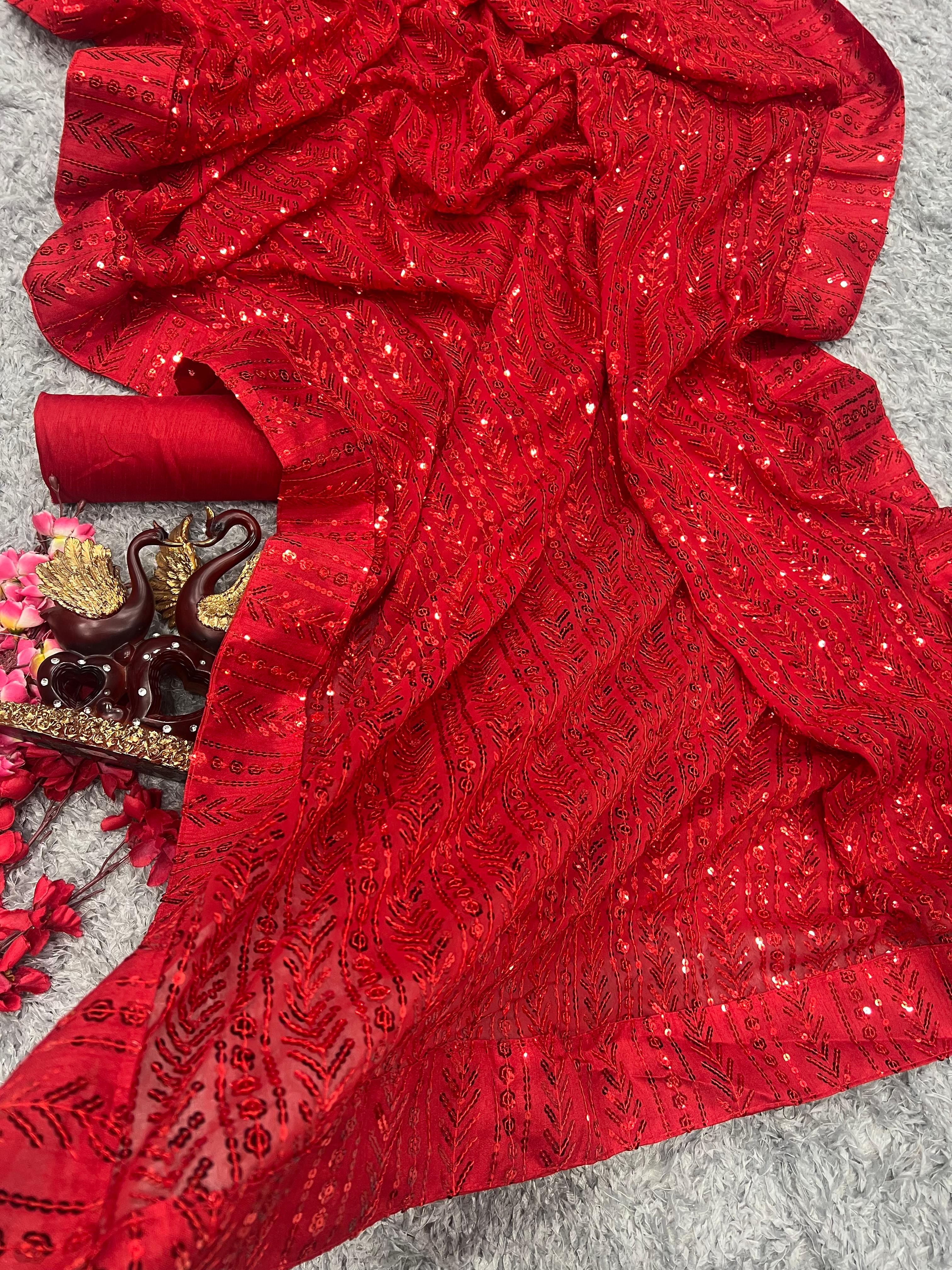 Delightful Red Color Sequence Work Saree