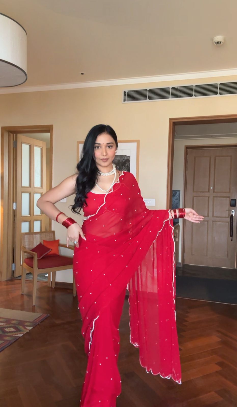 Pearl With Cutwork Border Red Ready To Wear Saree