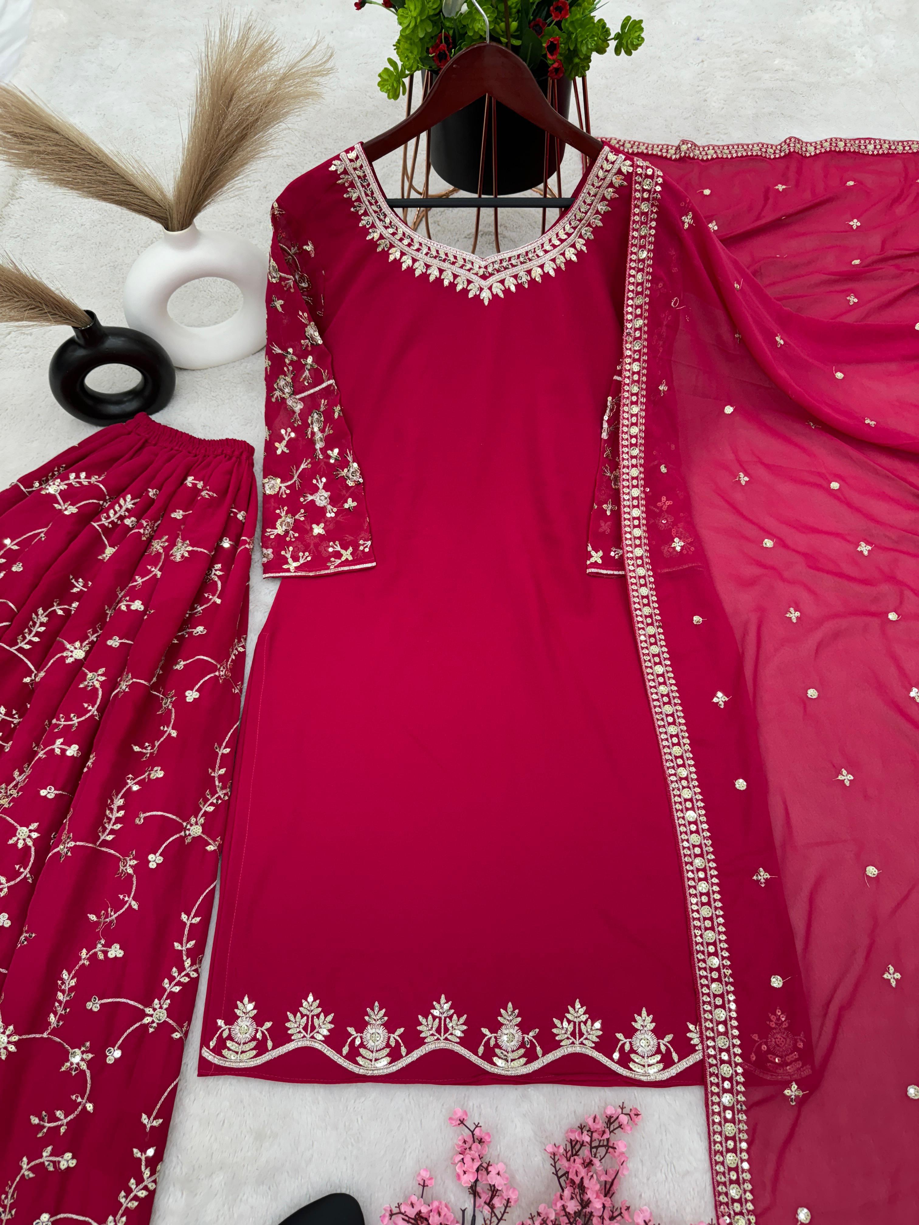 Imposing Embroidery Work Pink Sharara Suit