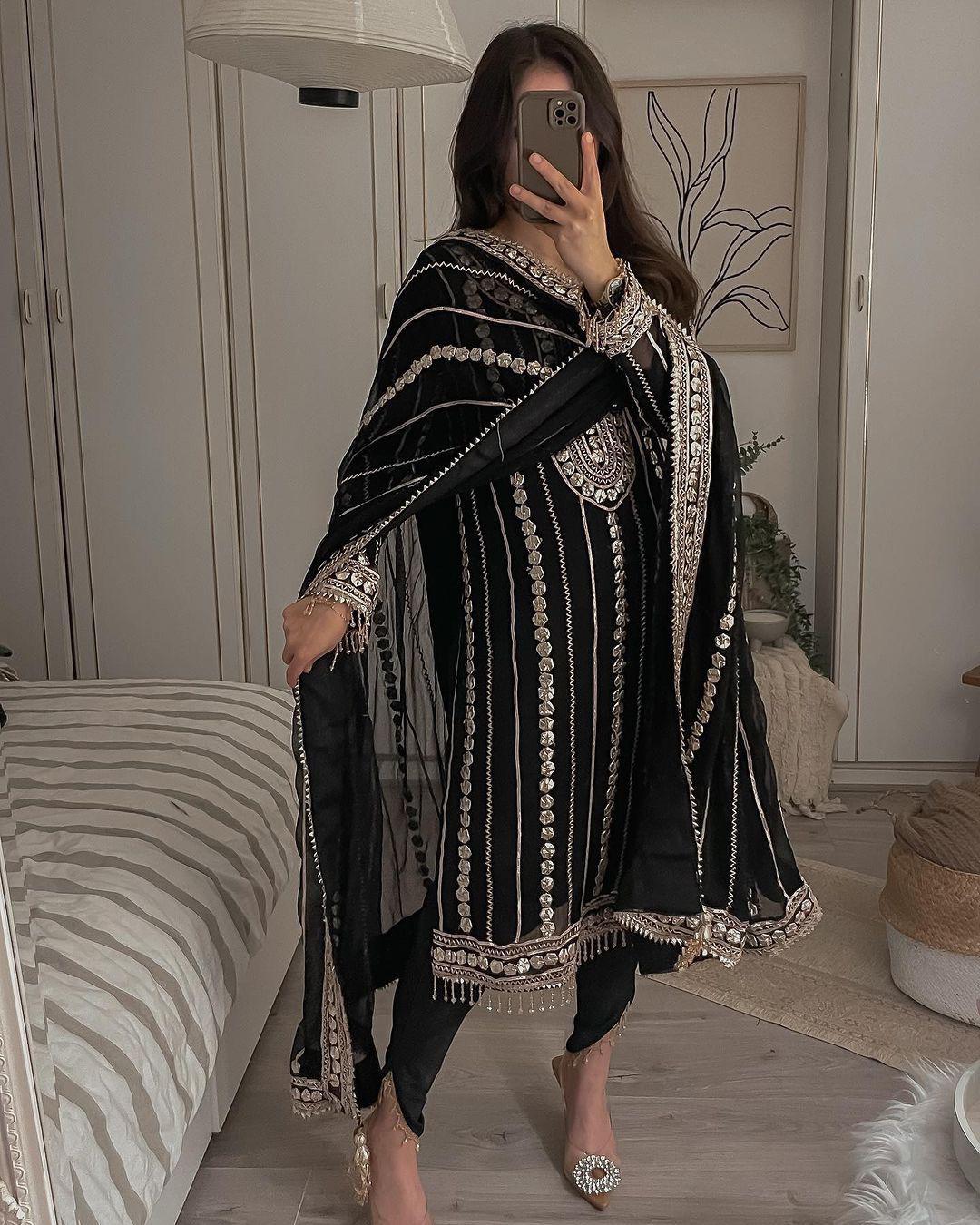 Terrific Black Color Embroidery Foil Work Salwar Suit