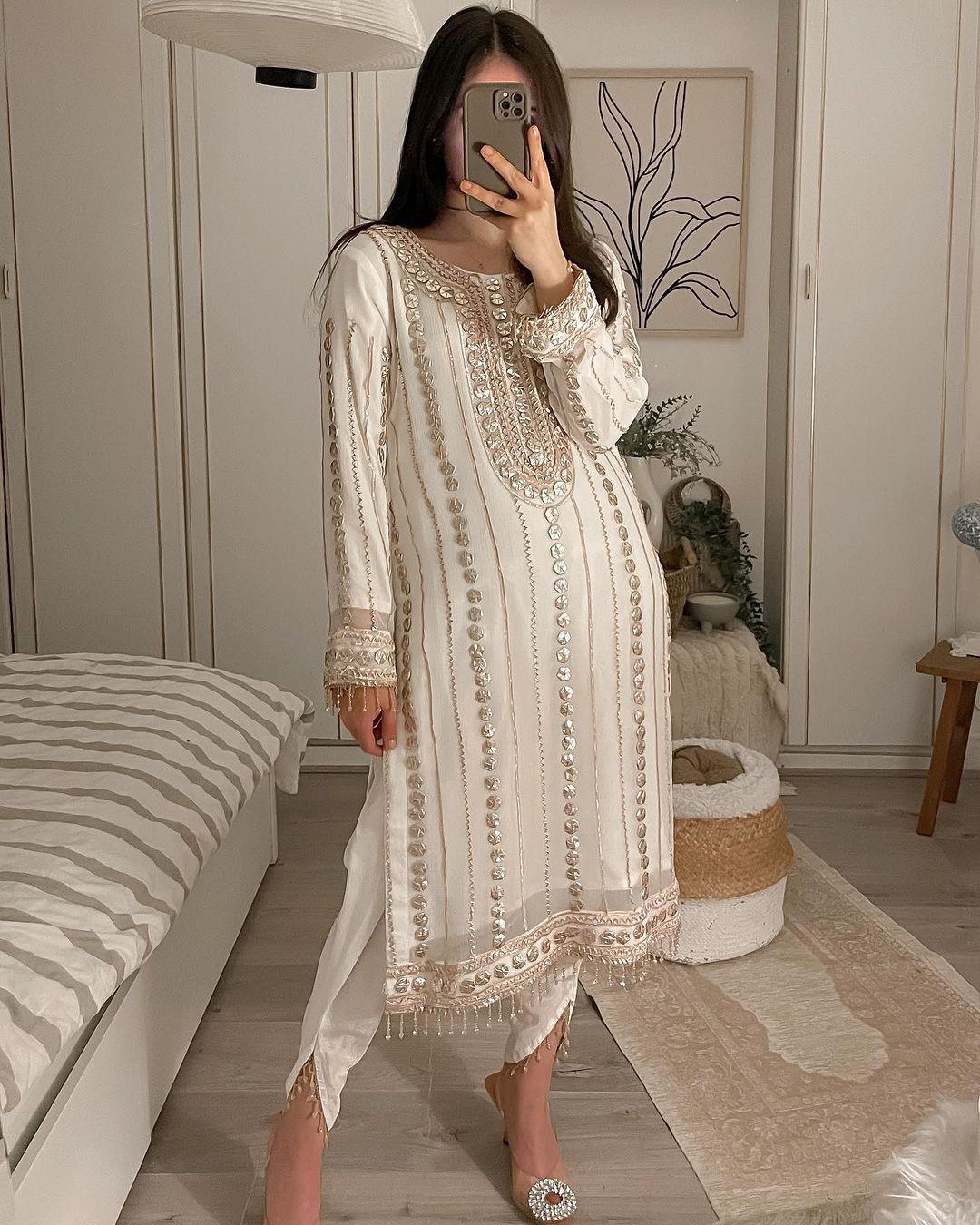 Terrific White Color Embroidery Foil Work Salwar Suit
