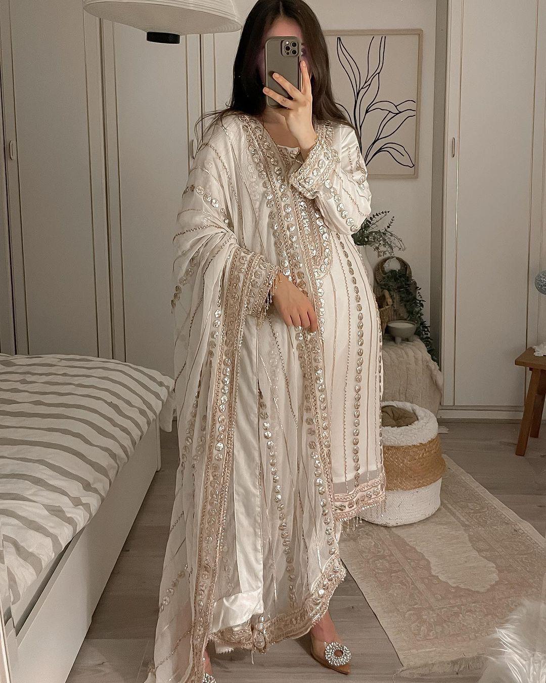 Terrific White Color Embroidery Foil Work Salwar Suit