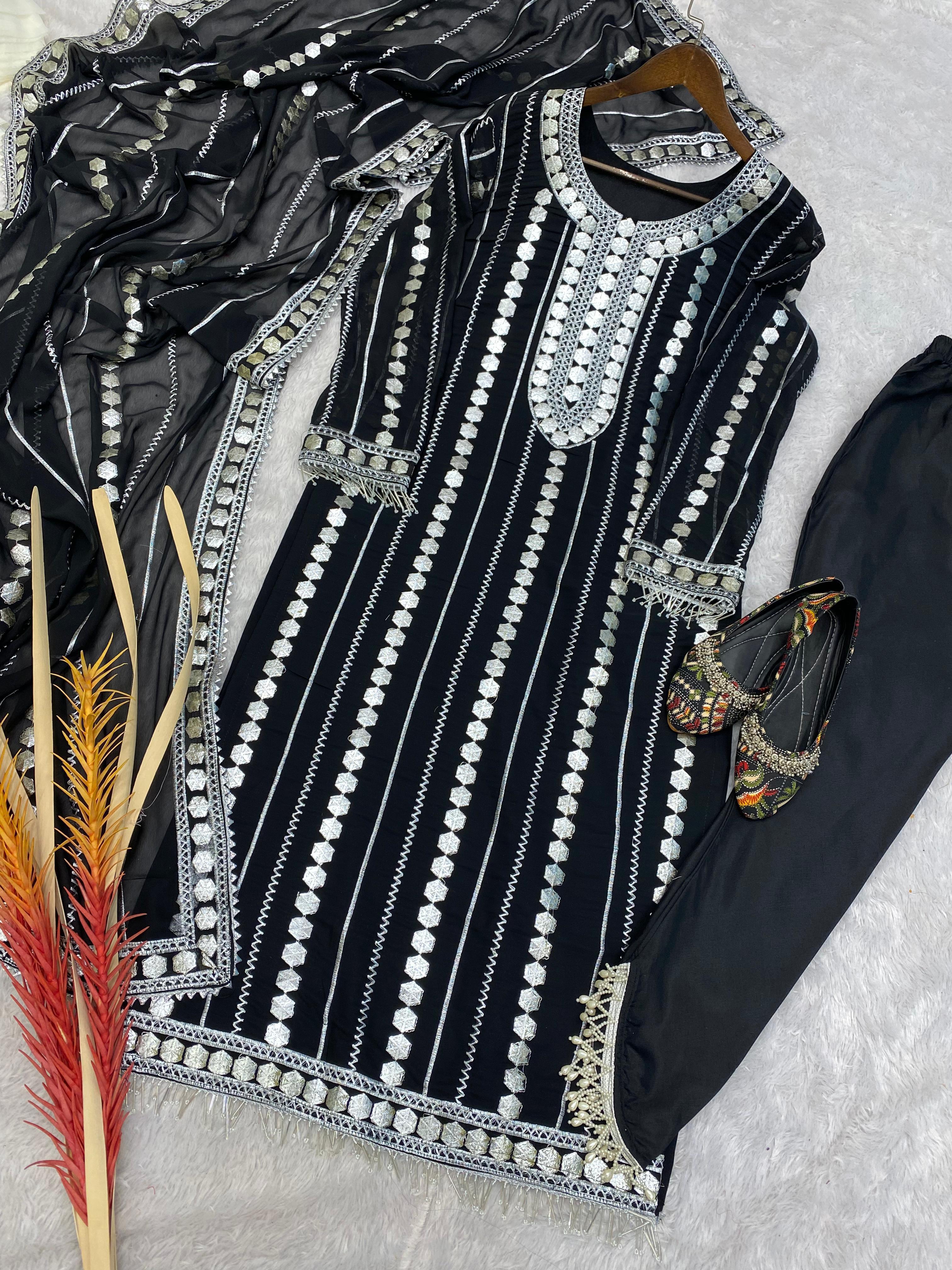 Terrific Black Color Embroidery Foil Work Salwar Suit
