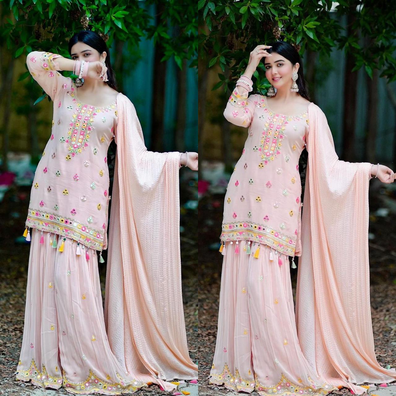 Multi Embroidery Sequence Work Peach Color Sharara Suit