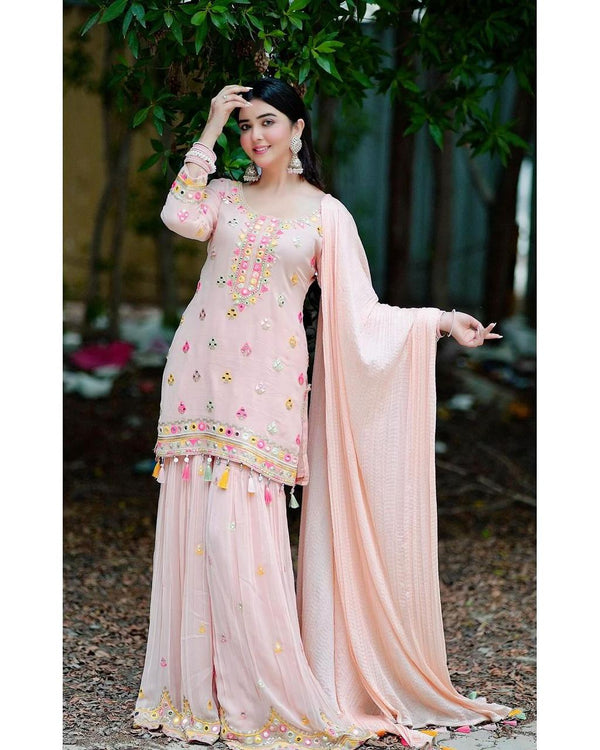 Multi Embroidery Sequence Work Peach Color Sharara Suit