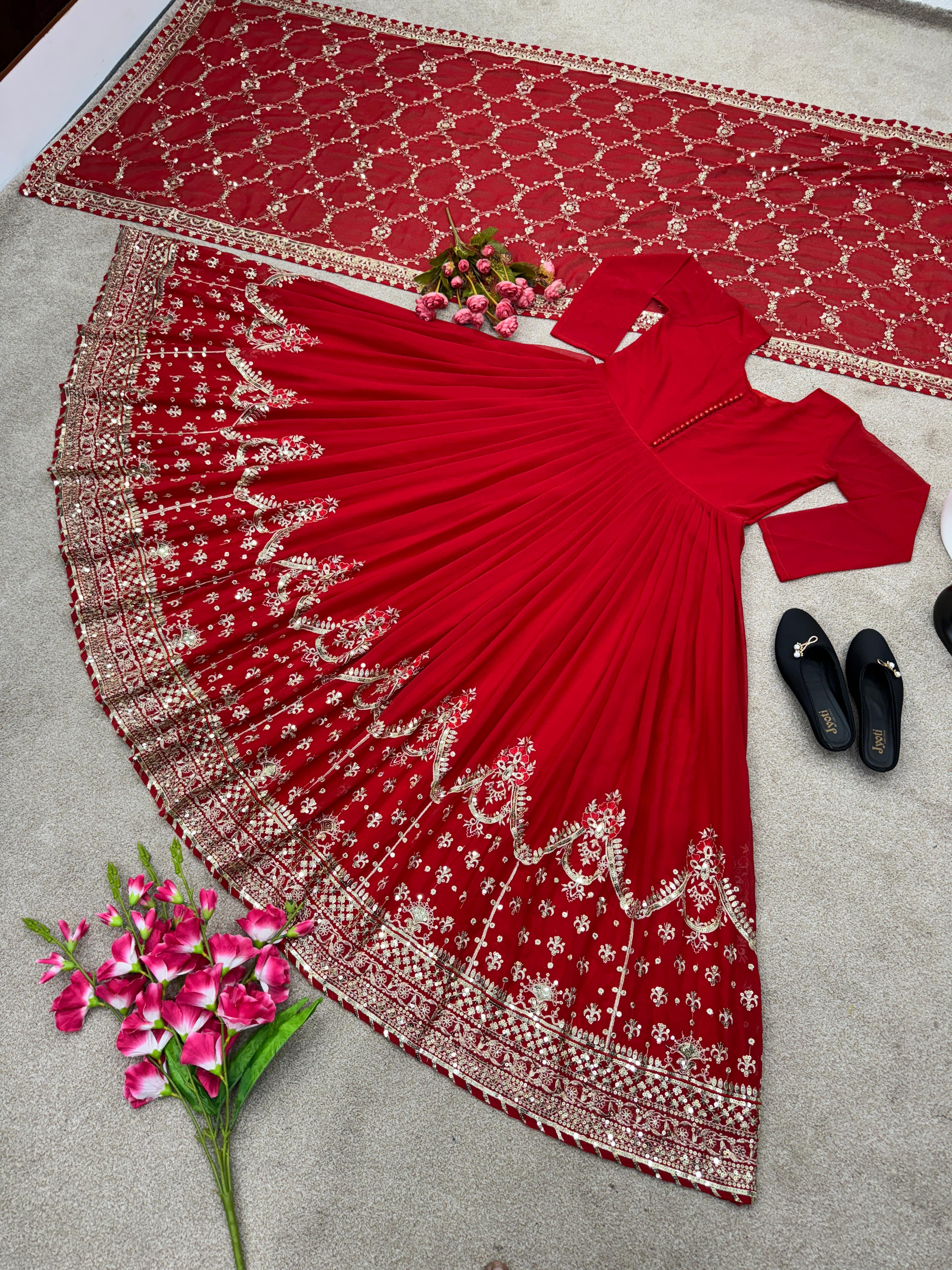 Exclusive Red Color Embroidery Work Gown