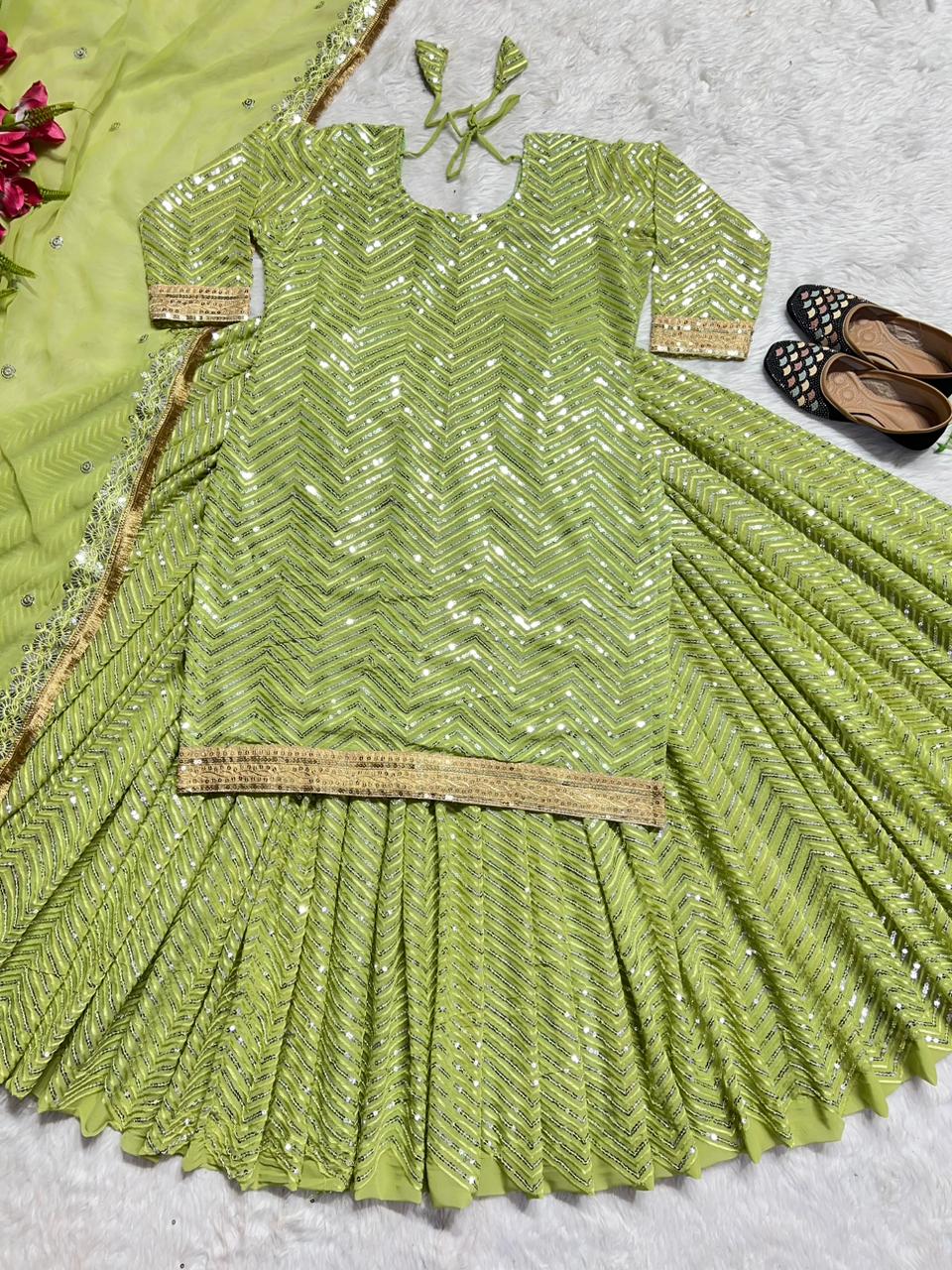 Parrot Green Color Dazzling Work Lehenga With Top