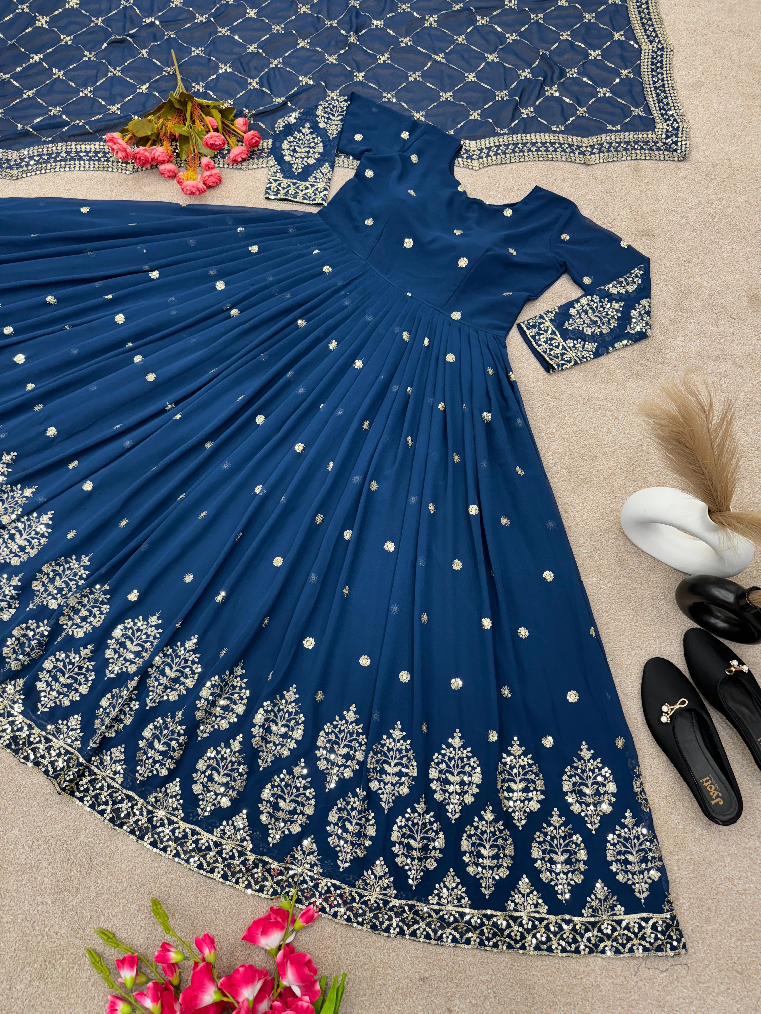 Wonderful Blue Color Embroidery Sequence Gown
