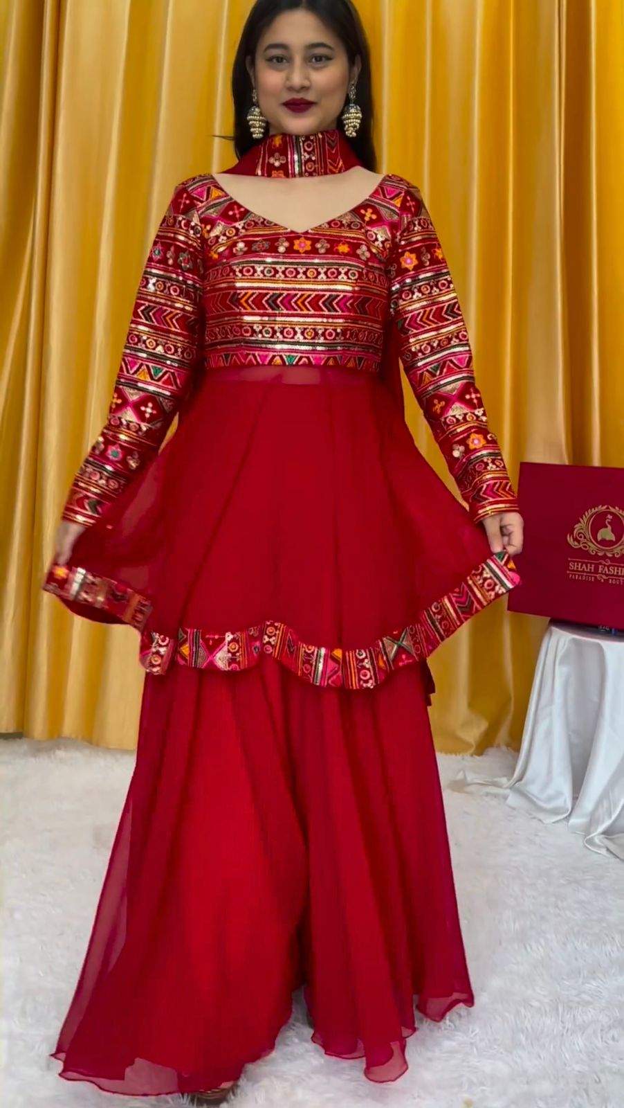 Amazing Red Color Thread Sequence Work Sharara Suit