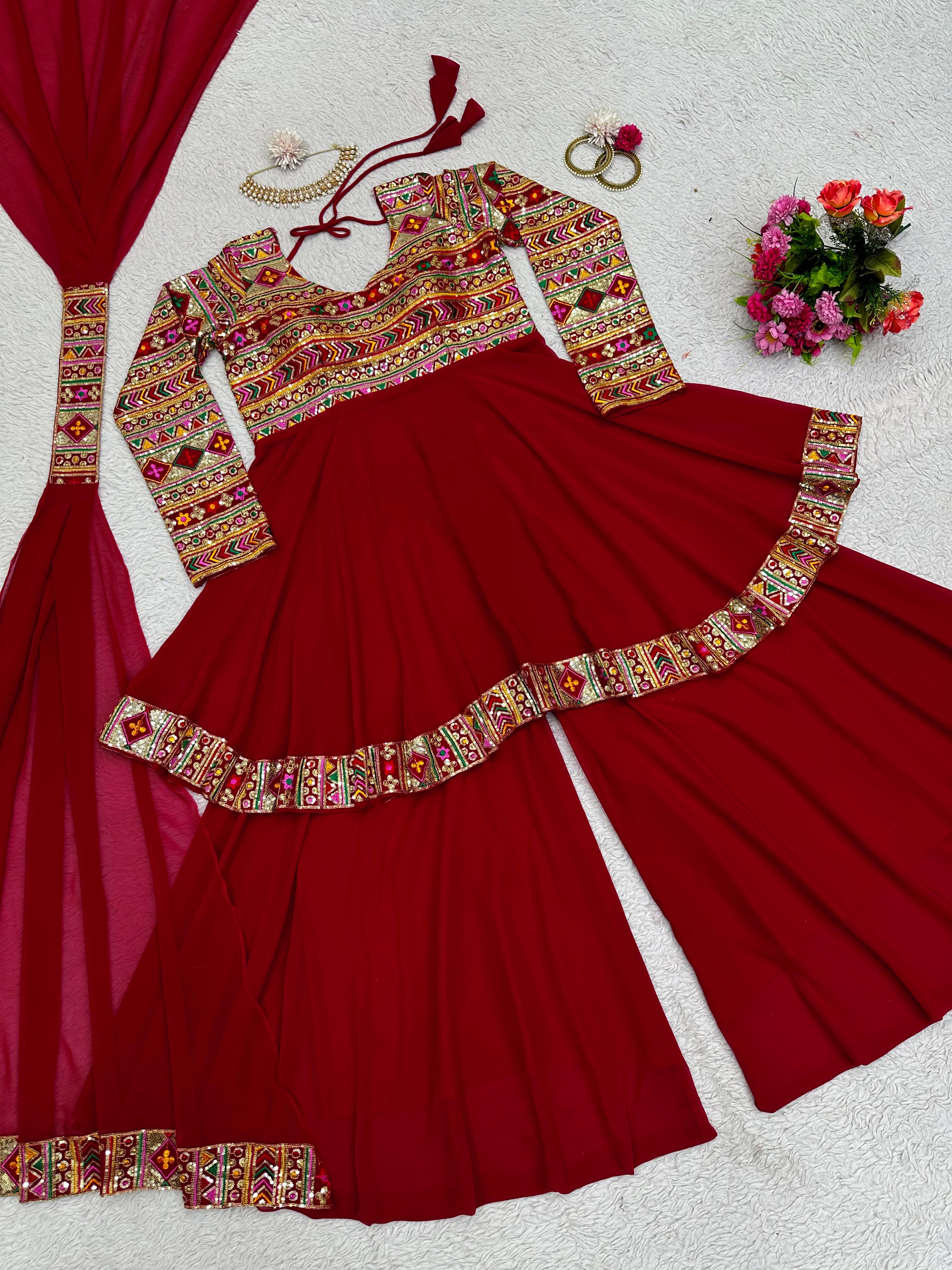 Amazing Red Color Thread Sequence Work Sharara Suit