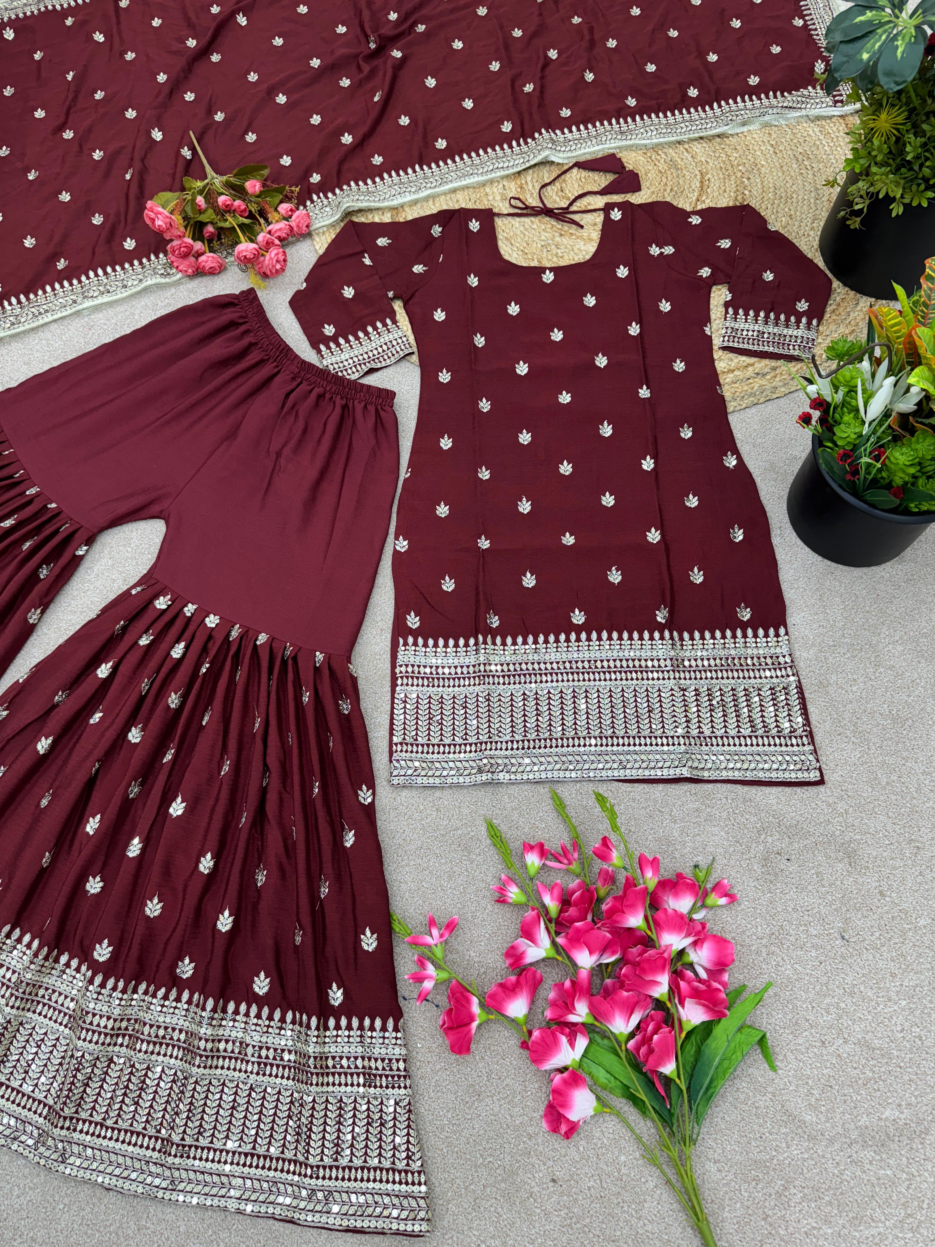 Maroon Color Embroidery Work Sharara Suit