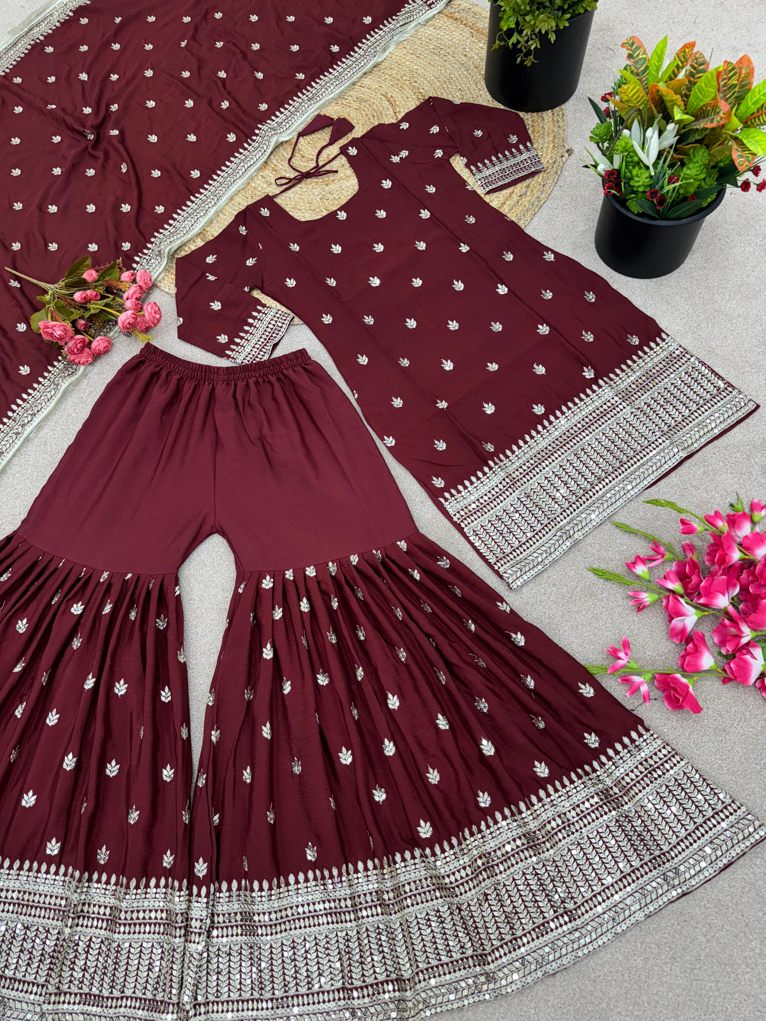 Maroon Color Embroidery Work Sharara Suit