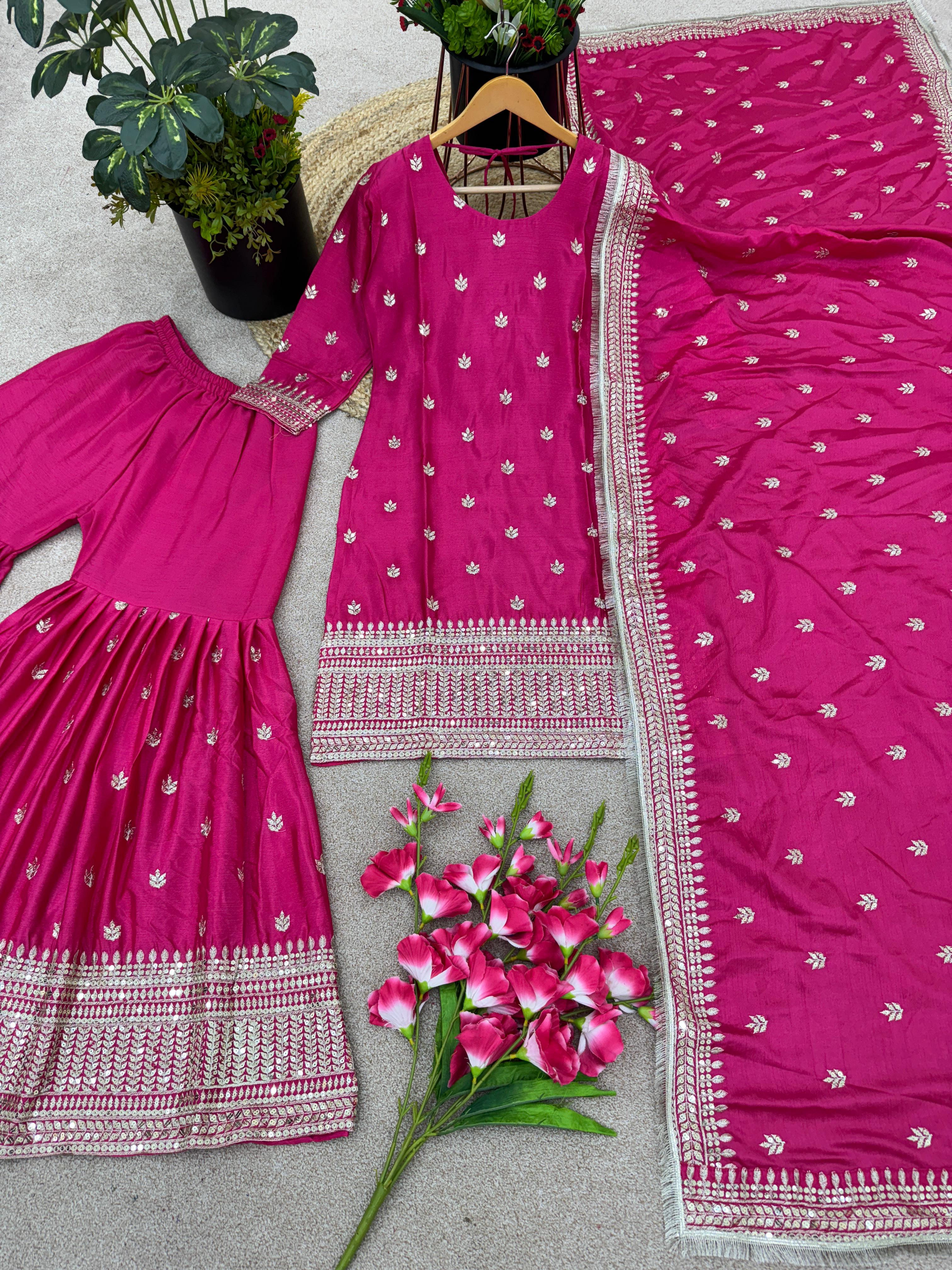 Pink Color Embroidery Work Sharara Suit
