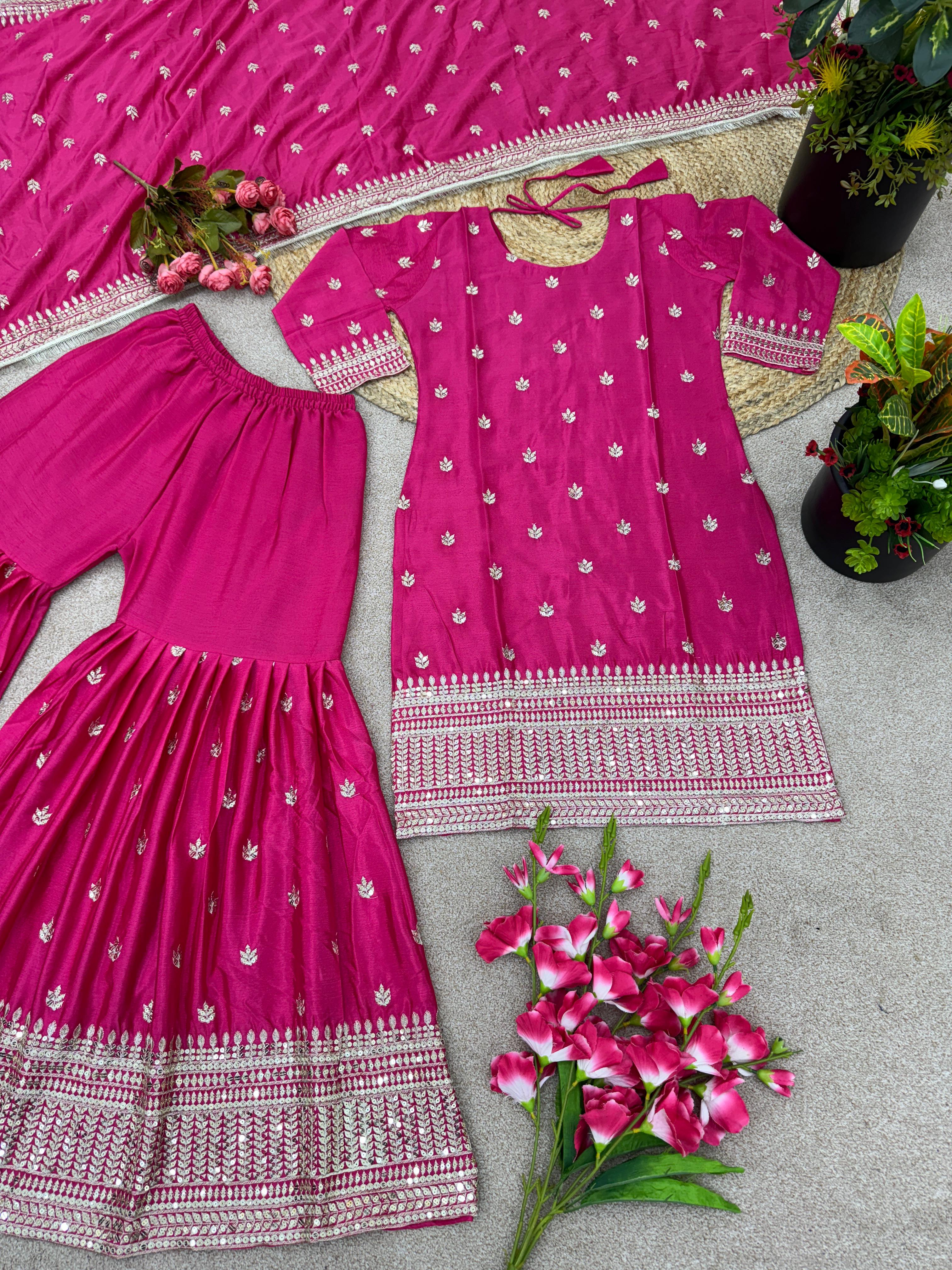 Pink Color Embroidery Work Sharara Suit
