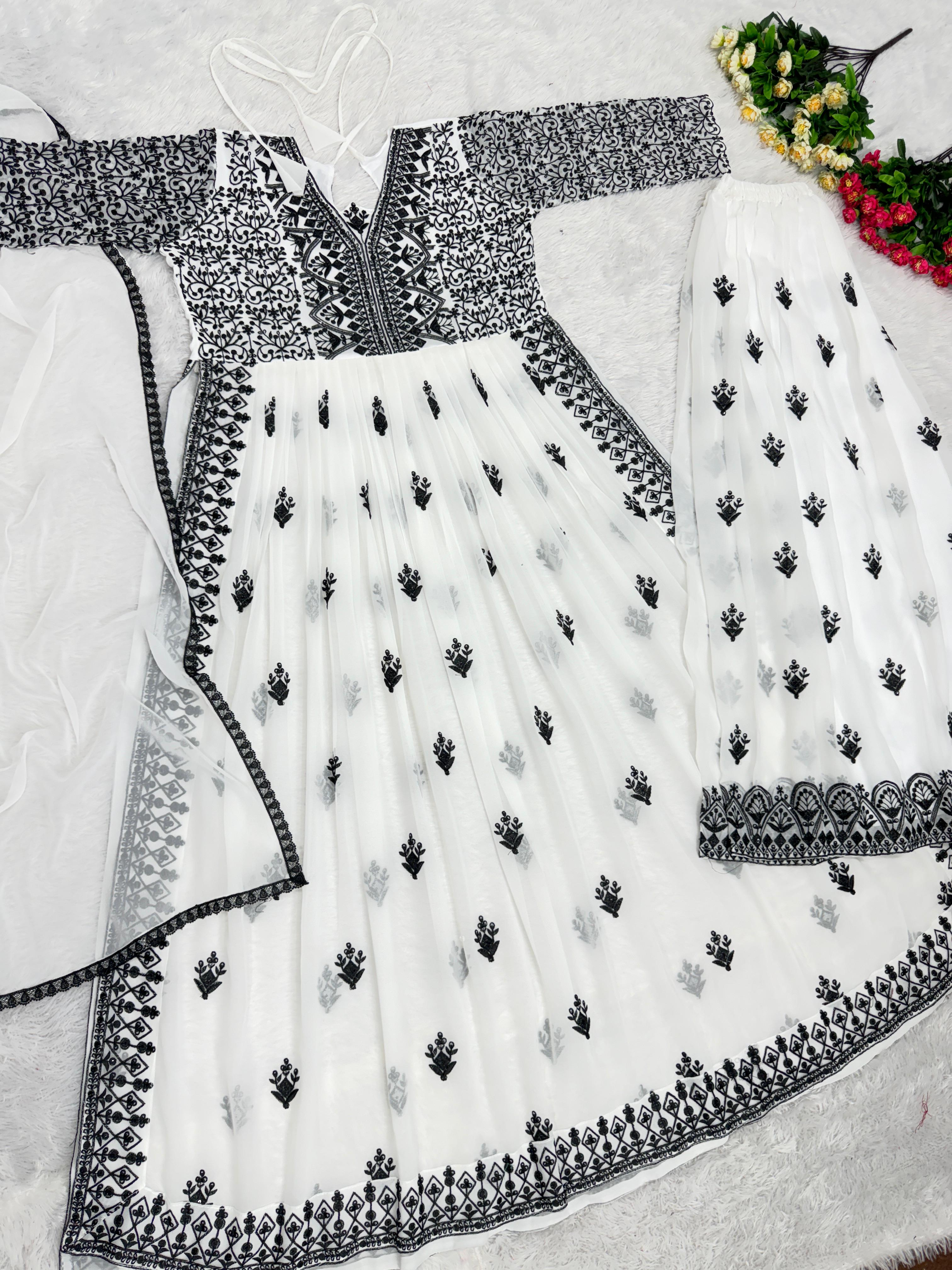 Glorious White Color With Black Embroidery Palazzo Suit