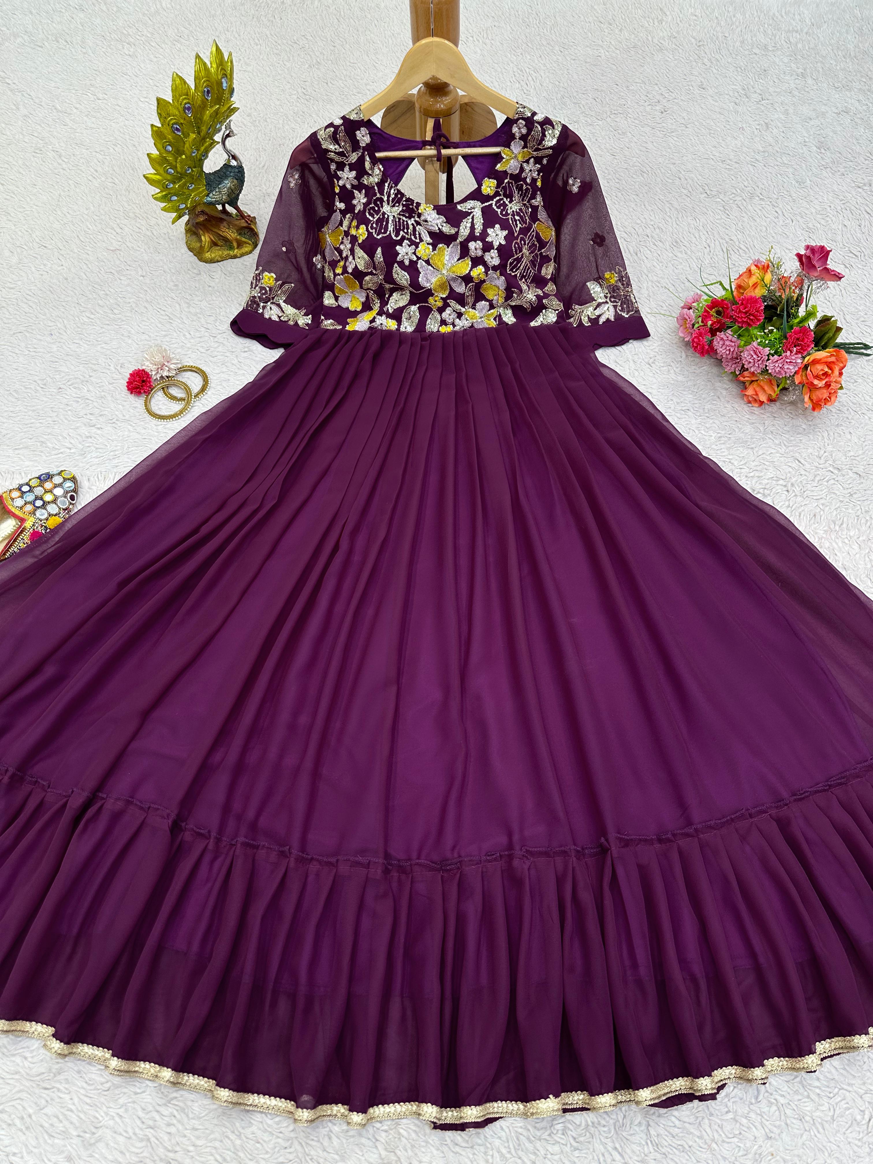 Luxuriant Thread Work Wine Color Ruffle Gown