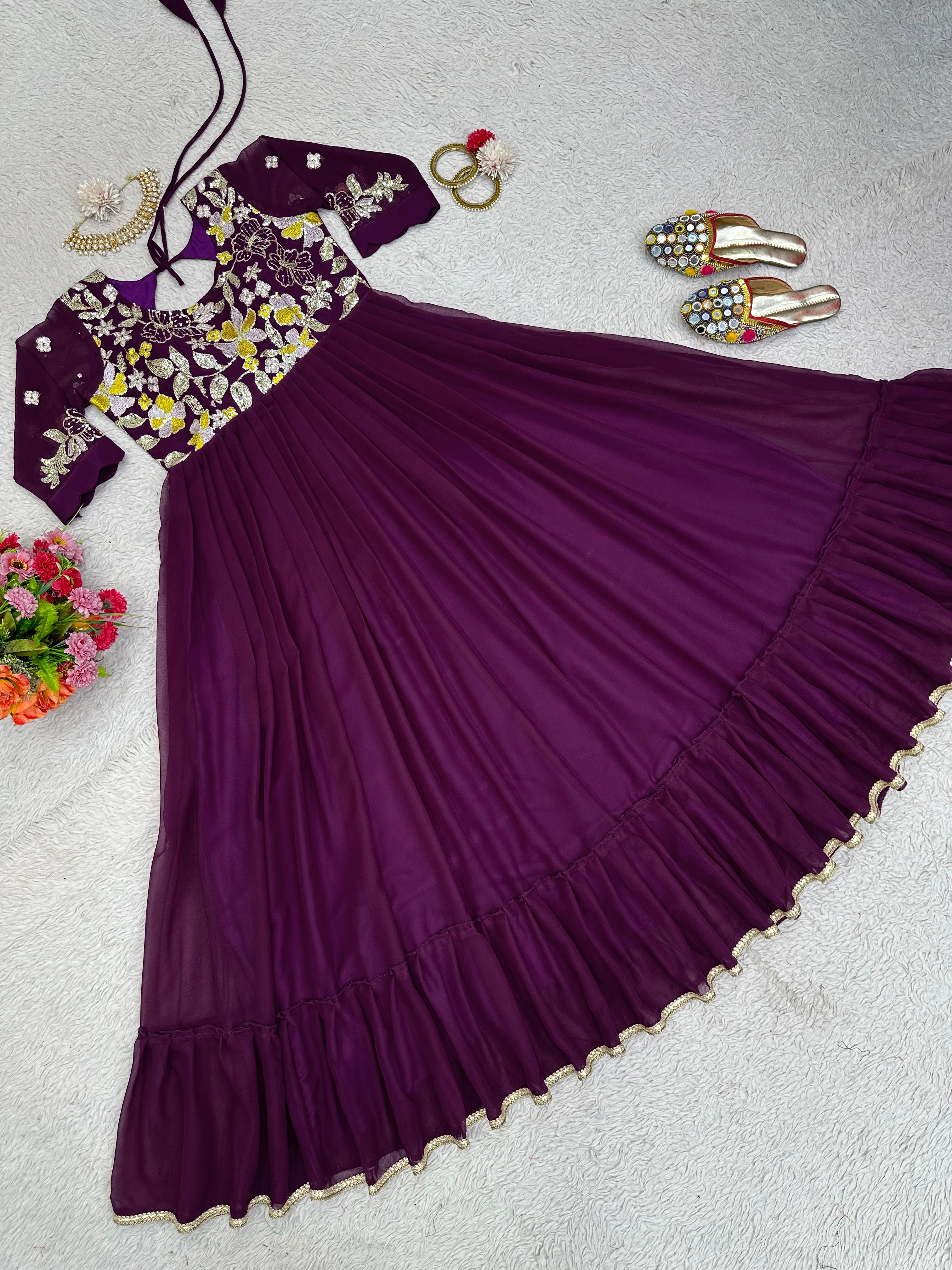 Luxuriant Thread Work Wine Color Ruffle Gown