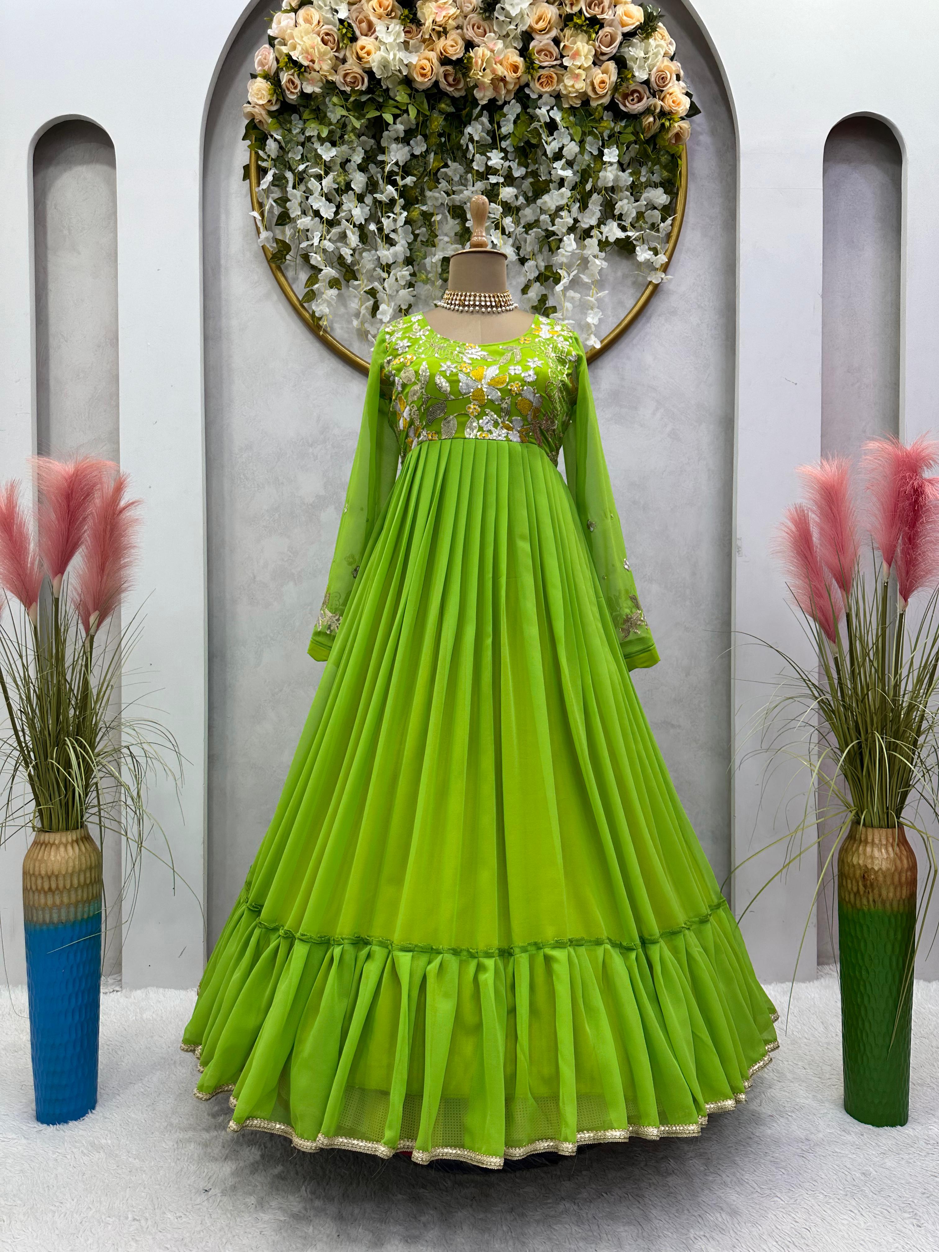 Luxuriant Thread Work Parrot Green Color Ruffle Gown