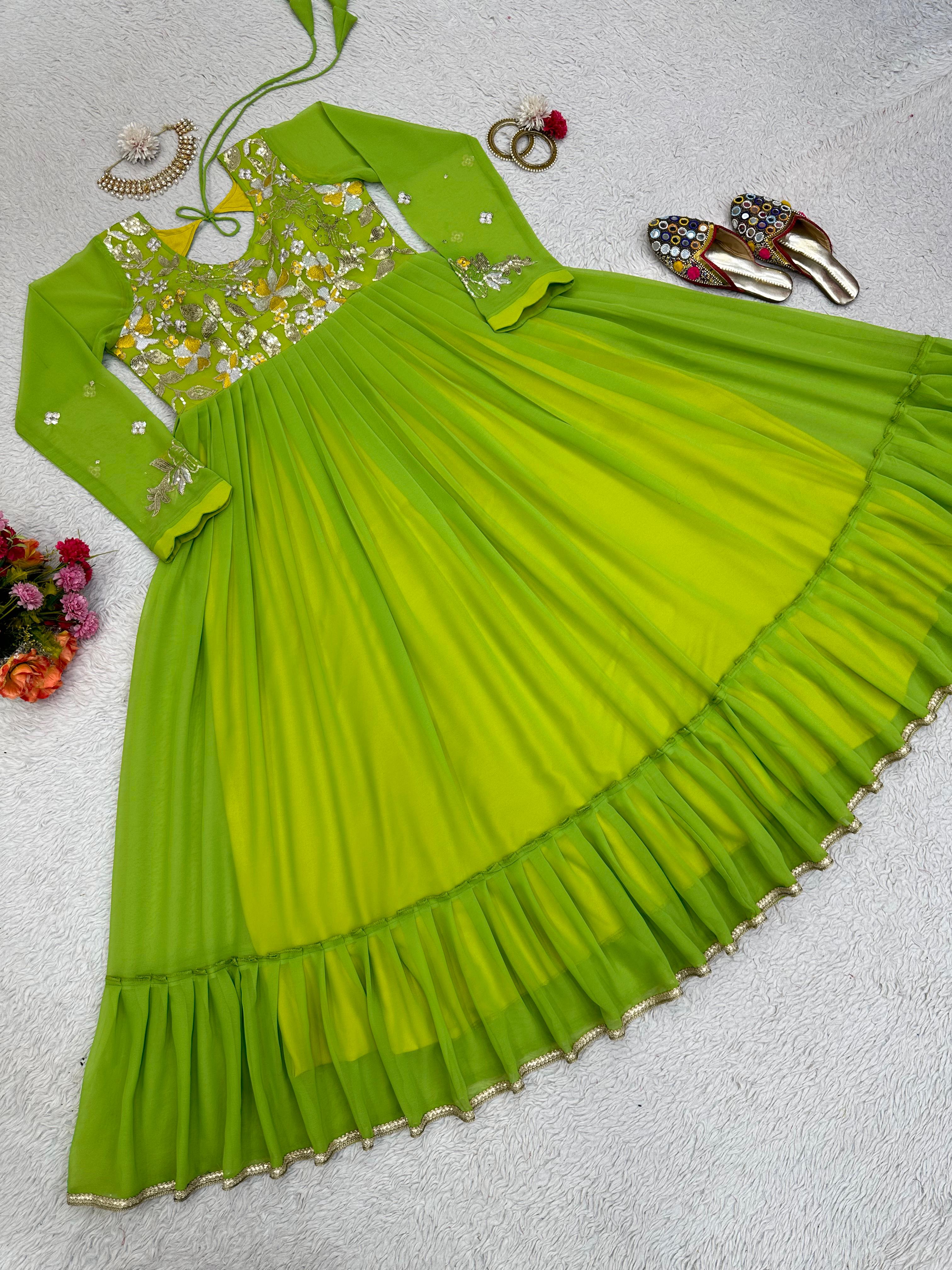 Luxuriant Thread Work Parrot Green Color Ruffle Gown