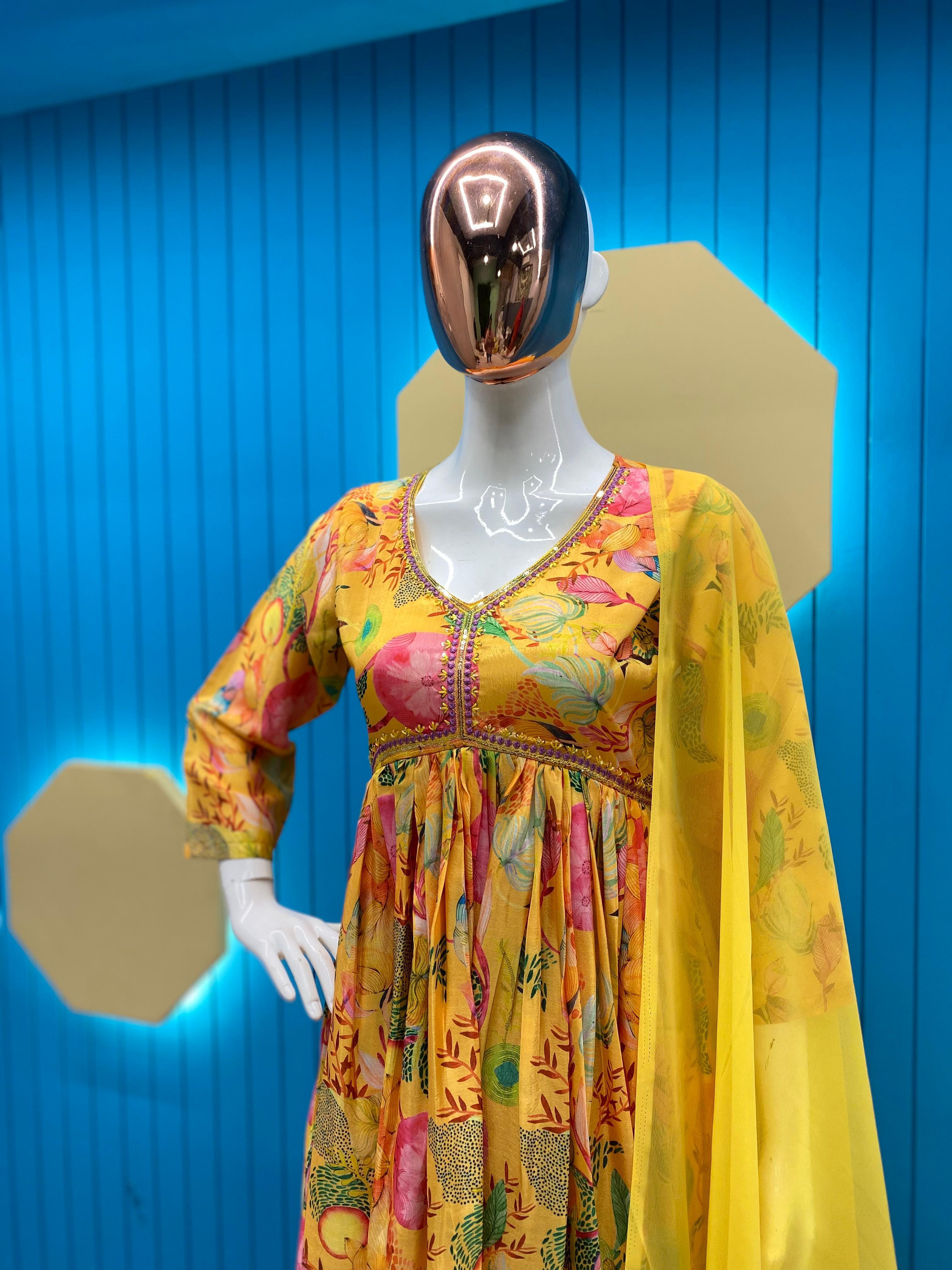 Trendy Yellow Color Sequence Work Printed Aliya Cut Suit