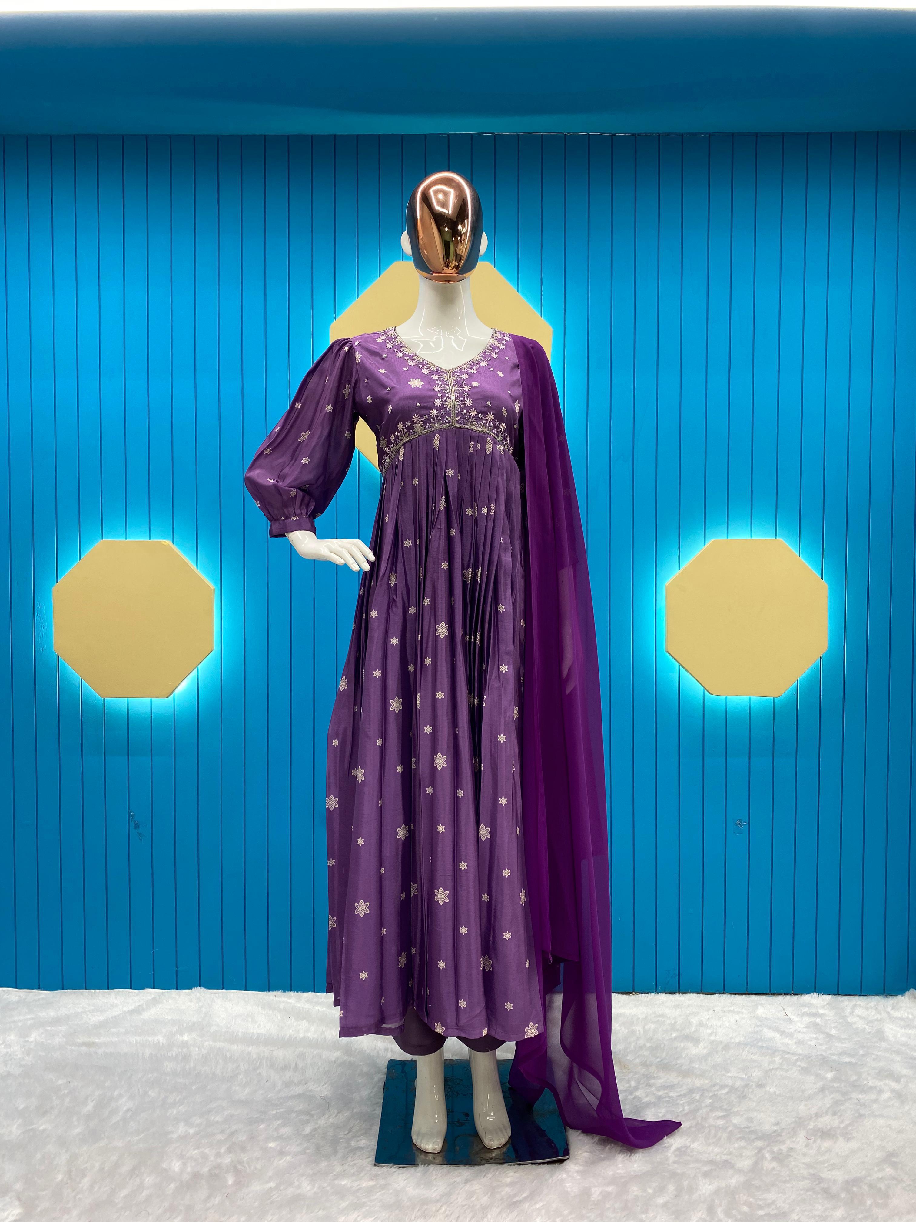 Trendy Purple Color Sequence Work Printed Aliya Cut Suit