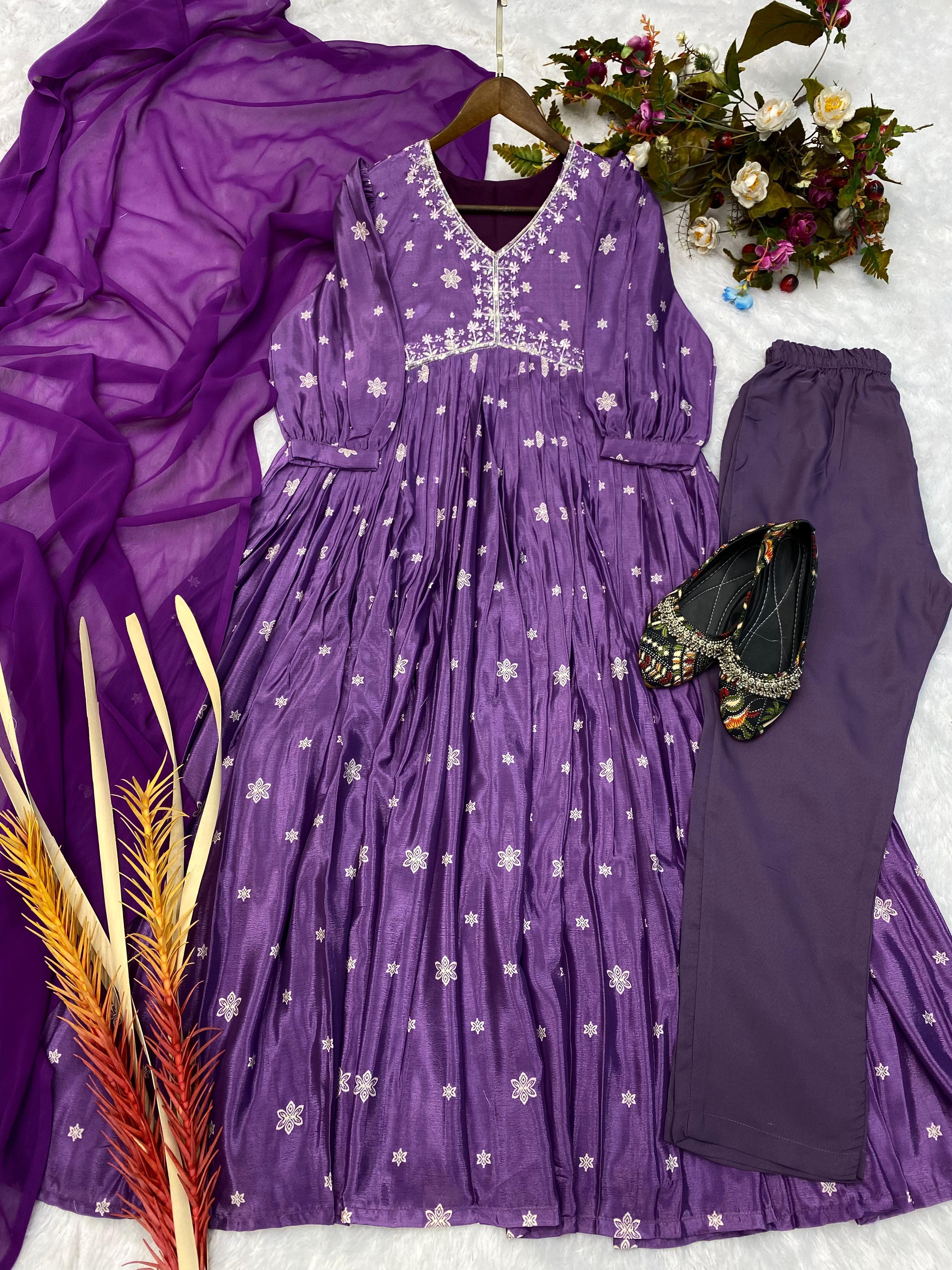 Trendy Purple Color Sequence Work Printed Aliya Cut Suit