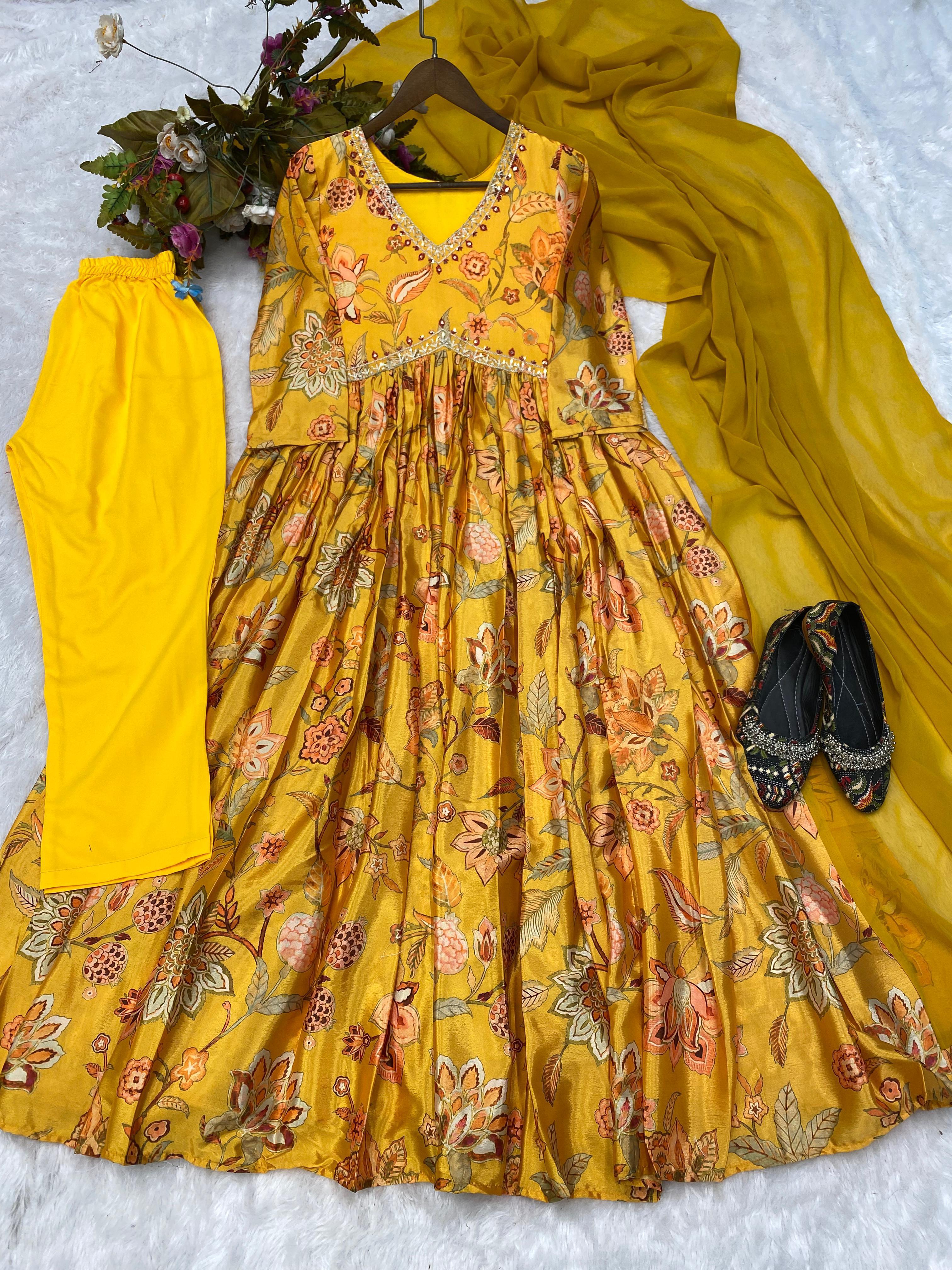 Trendy Mustard Color Sequence Work Printed Aliya Cut Suit