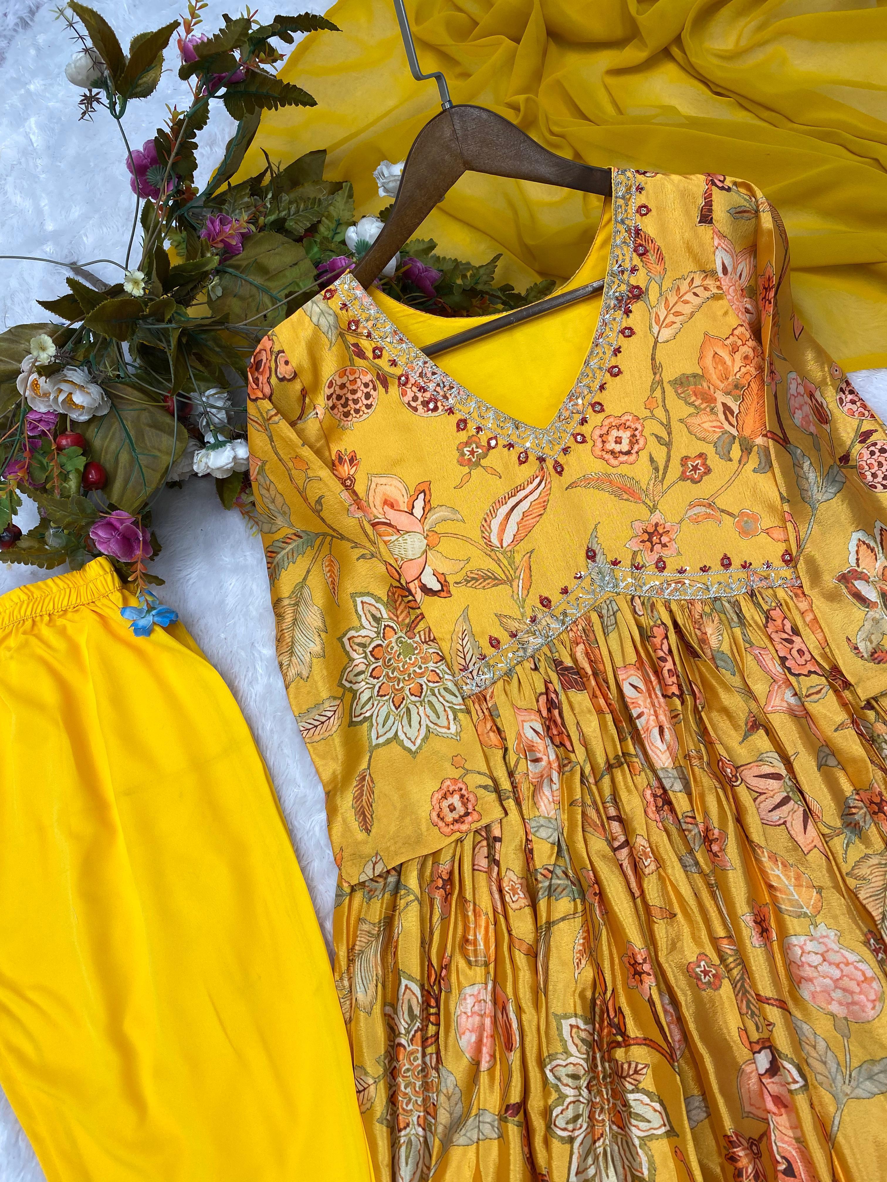 Trendy Mustard Color Sequence Work Printed Aliya Cut Suit