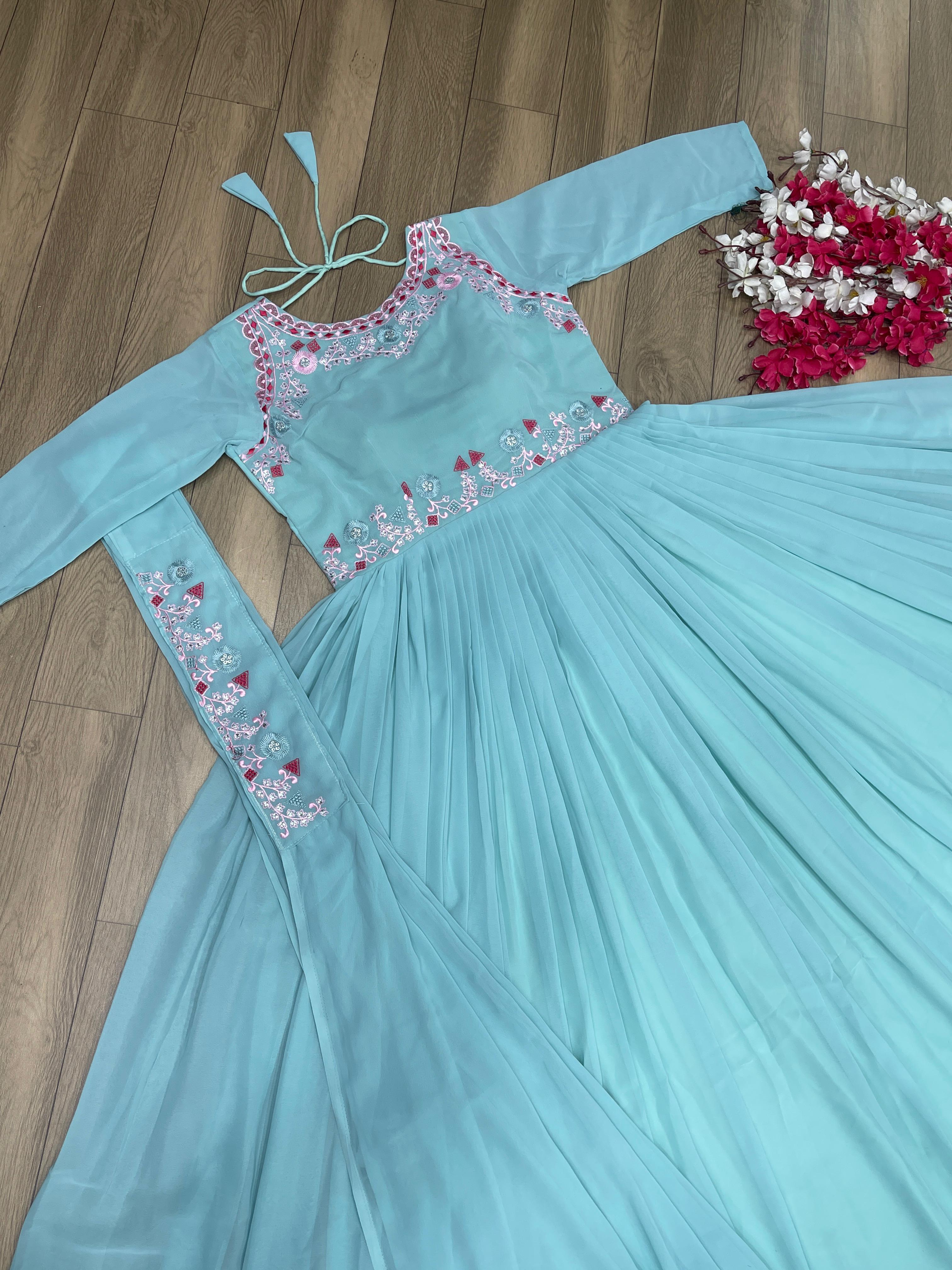Fantastic Sky Blue Color Embroidered Gown