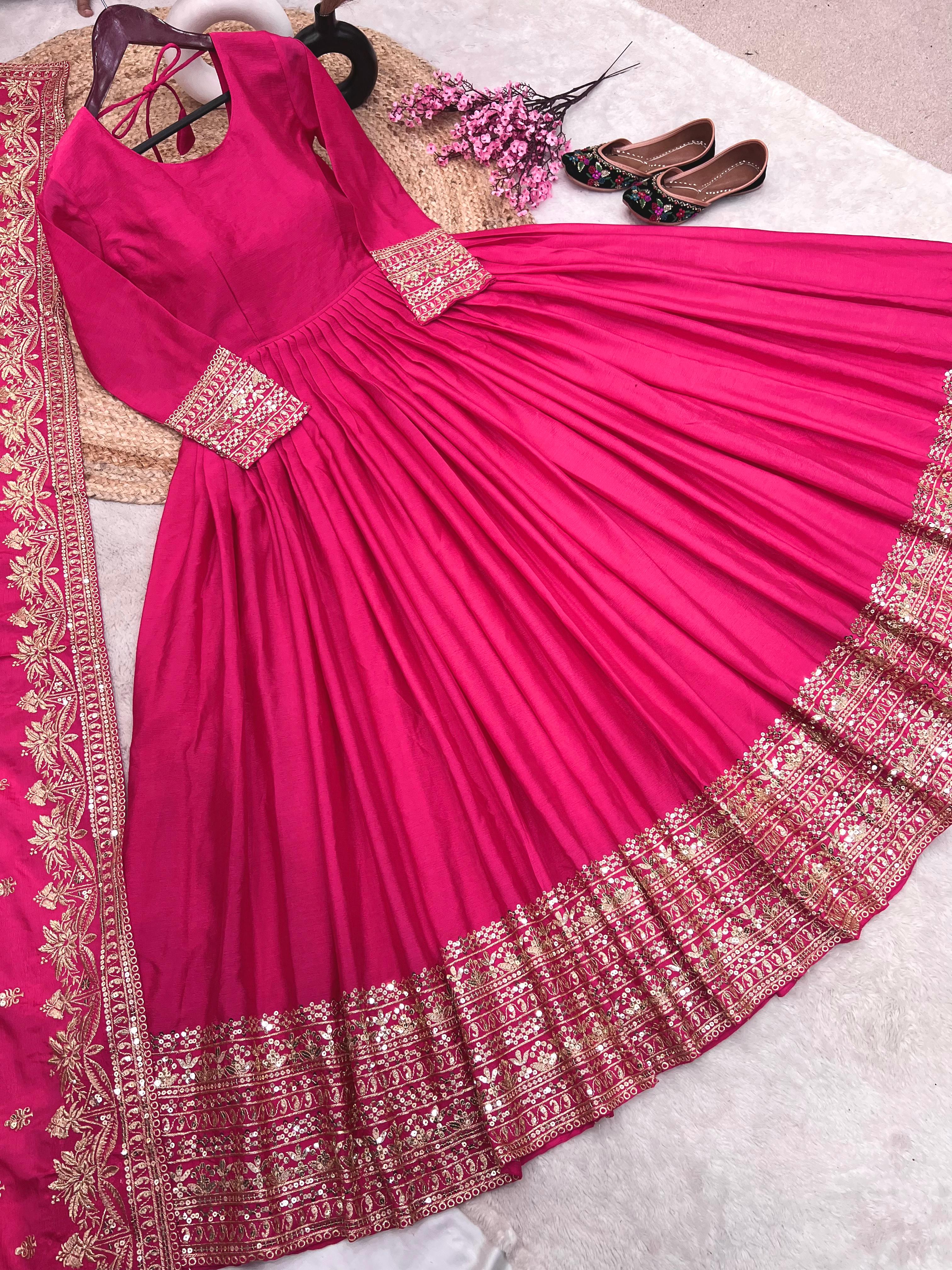 Wedding Pink Color Embroidery Work Gown With Dupatta